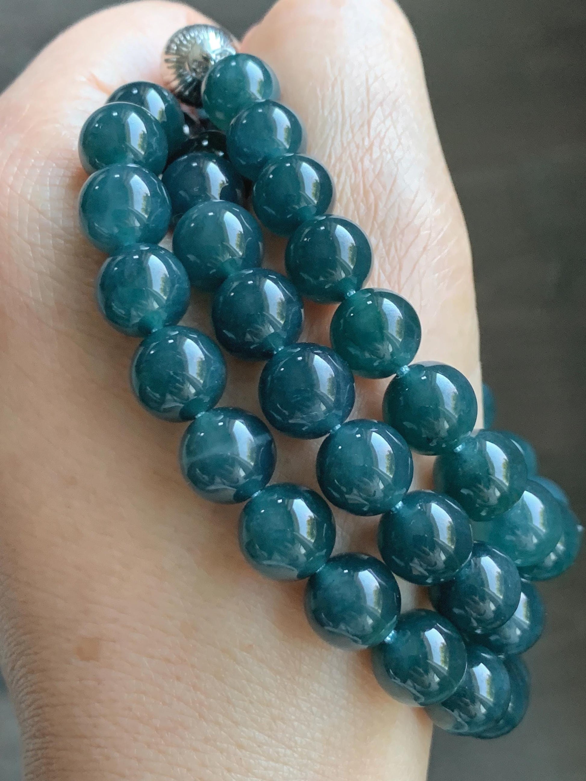 Natural Grade A Guatemalan Icy Translucent Dark Aegean Blue Jade Jadeite Beaded Necklace 23.25” 95g Sterling Silver 天然冰胶危深牛仔蓝翡翠大卡圆珠项链SNJL688