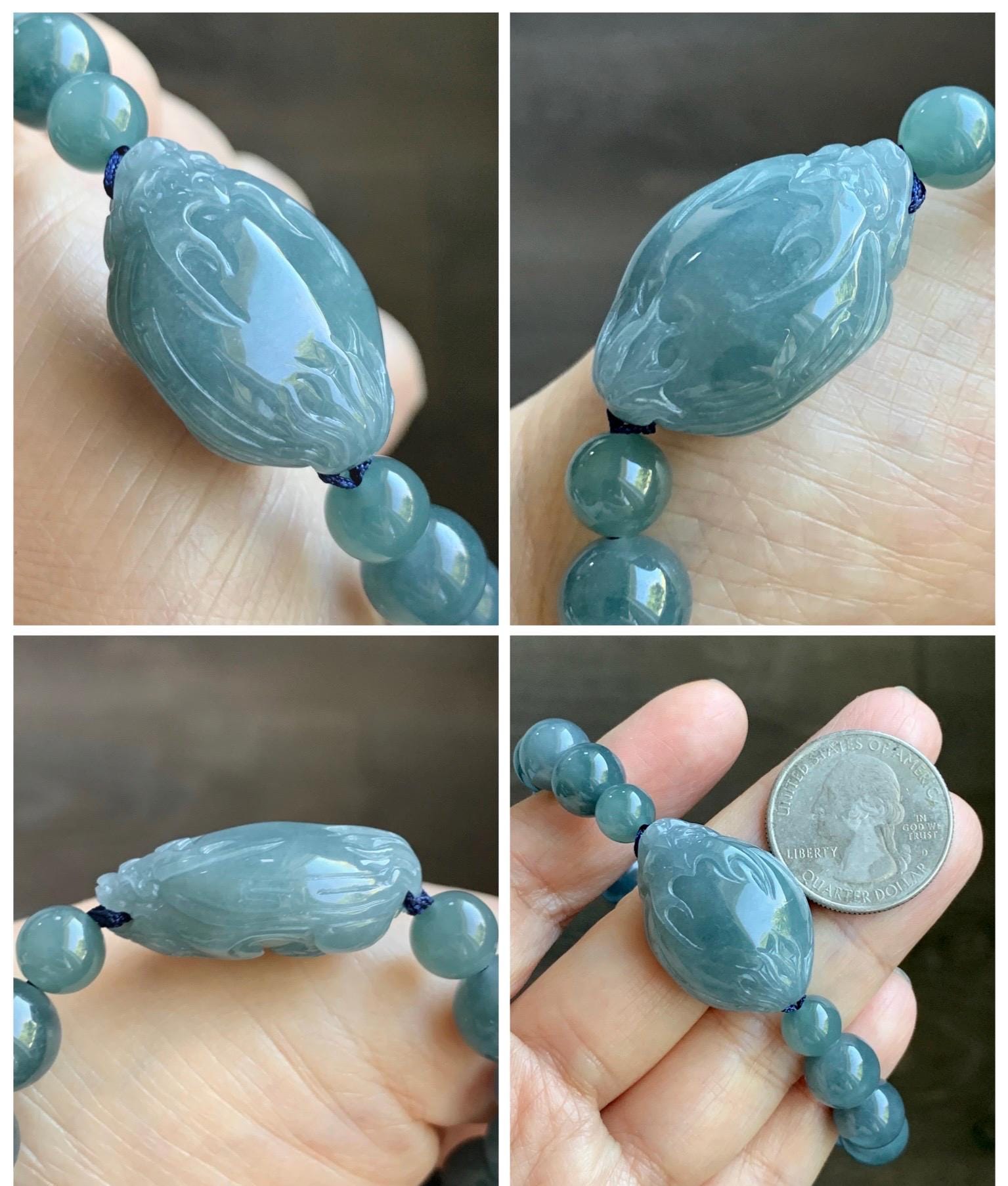 Natural Grade A Guatemalan Icy Translucent Dusty Teal Blue Jade Jadeite Dragon Turtle Beaded Bracelet 7” 37g 天然冰危灰蓝翡翠龙龟圆珠手串 HLG208