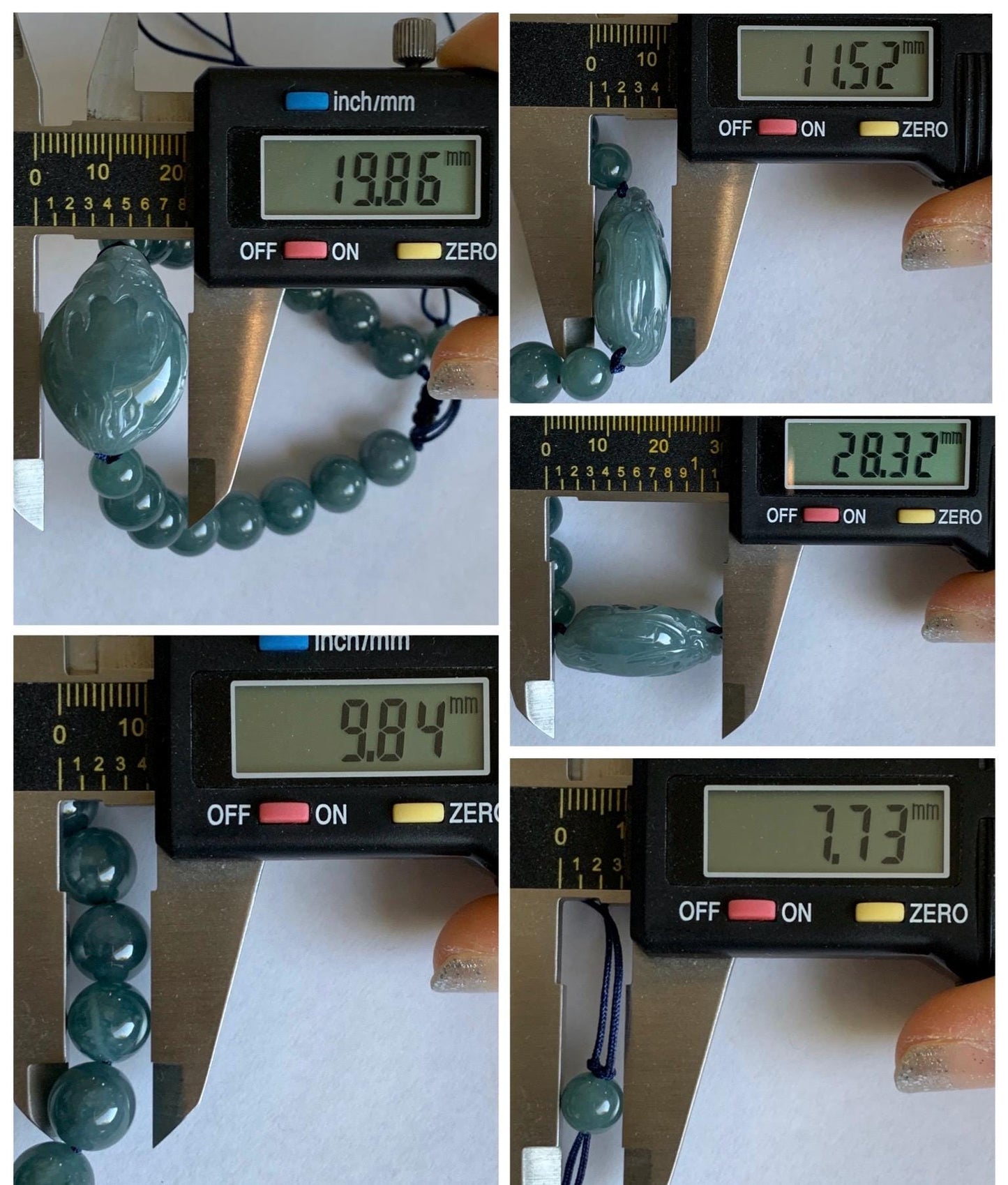 Natural Grade A Guatemalan Icy Translucent Dusty Teal Blue Jade Jadeite Dragon Turtle Beaded Bracelet 7” 37g 天然冰危灰蓝翡翠龙龟圆珠手串 HLG208