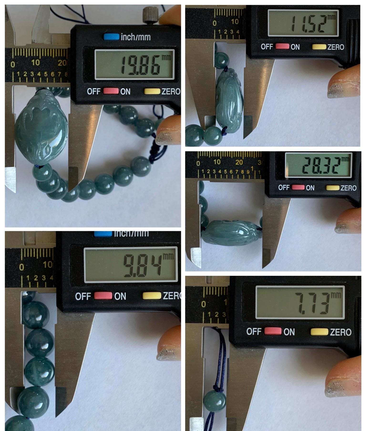 Natural Grade A Guatemalan Icy Translucent Dusty Teal Blue Jade Jadeite Dragon Turtle Beaded Bracelet 7” 37g 天然冰危灰蓝翡翠龙龟圆珠手串 HLG208