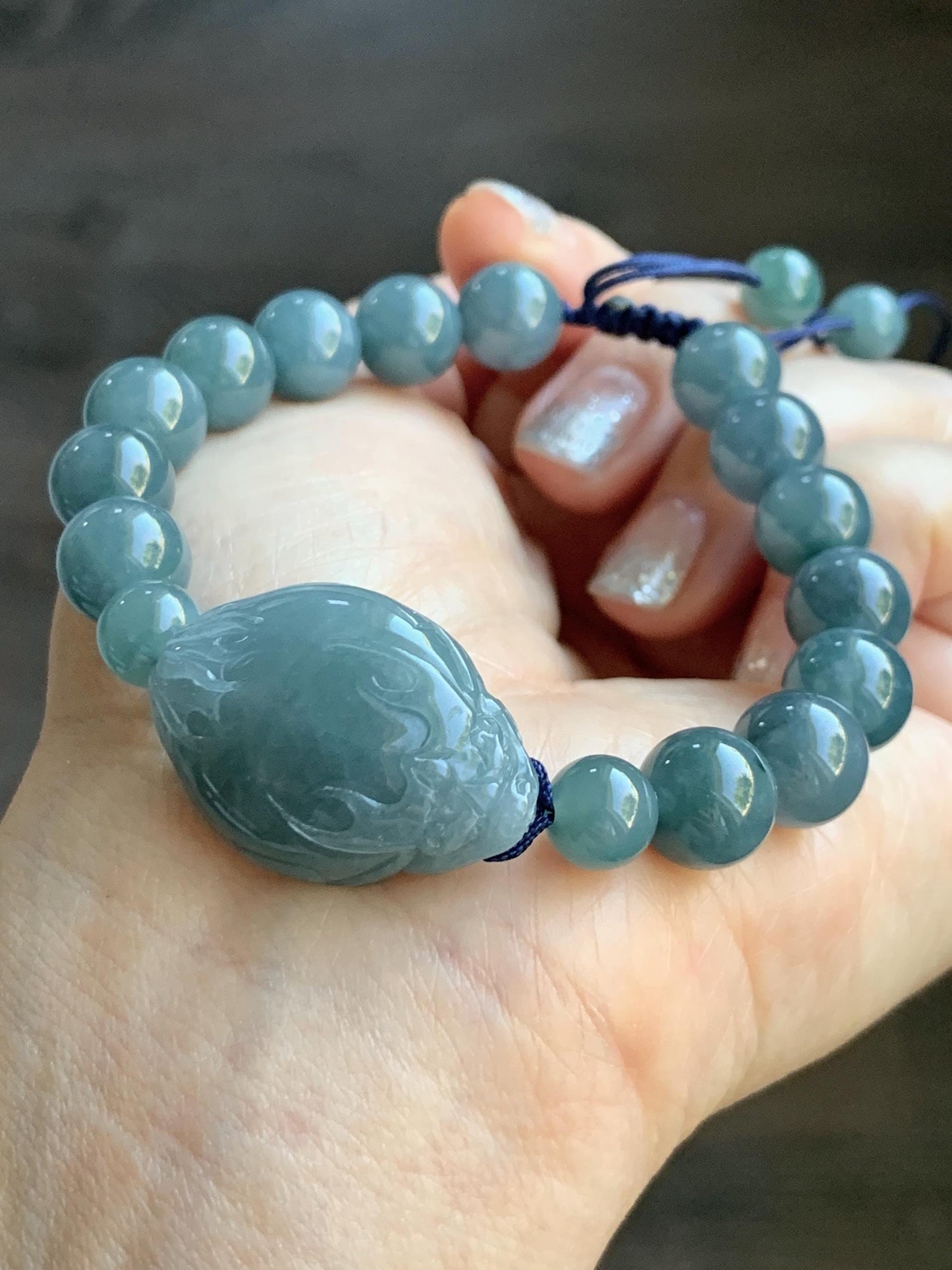 Natural Grade A Guatemalan Icy Translucent Dusty Teal Blue Jade Jadeite Dragon Turtle Beaded Bracelet 7” 37g 天然冰危灰蓝翡翠龙龟圆珠手串 HLG208
