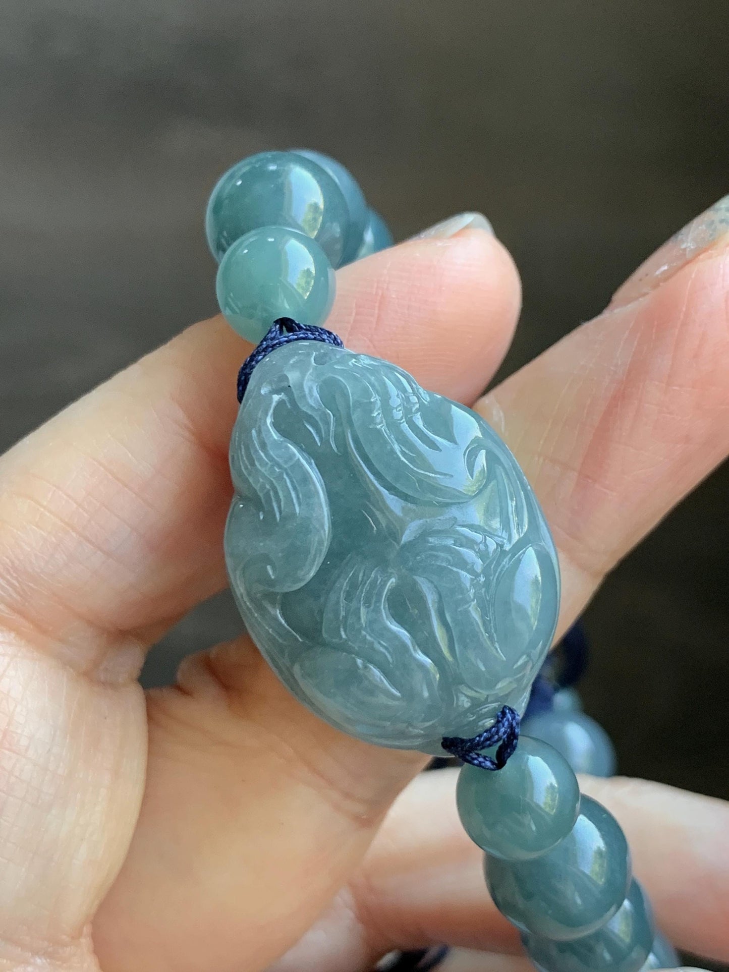 Natural Grade A Guatemalan Icy Translucent Dusty Teal Blue Jade Jadeite Dragon Turtle Beaded Bracelet 7” 37g 天然冰危灰蓝翡翠龙龟圆珠手串 HLG208