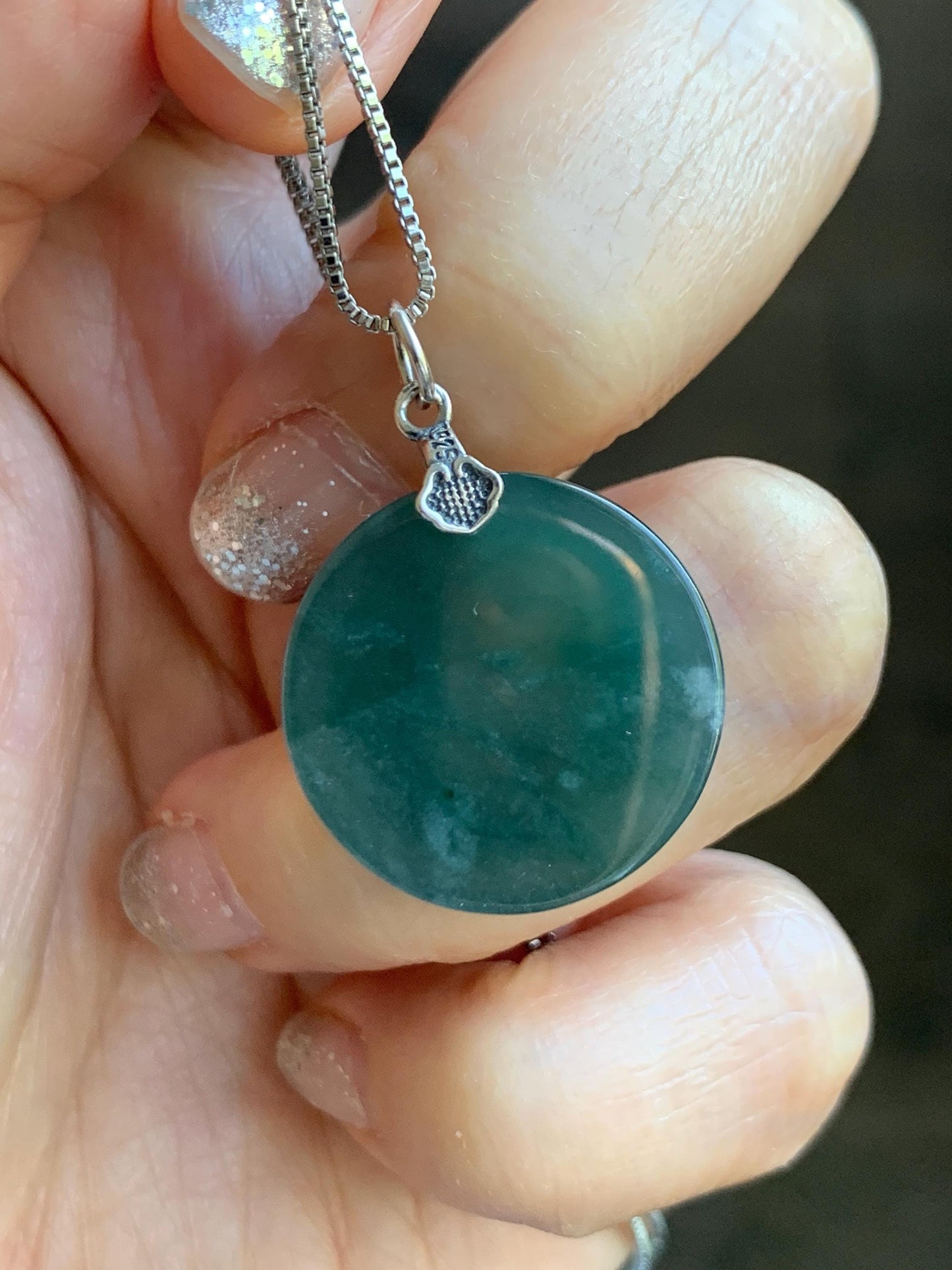 Natural Grade A Guatemalan Icy Translucent Teal Green Jade Jadeite Double Koi Fish Disc Pendant Sterling Silver 5g 天然冰危蓝绿翡翠双鱼圆牌吊坠 XKA128Y