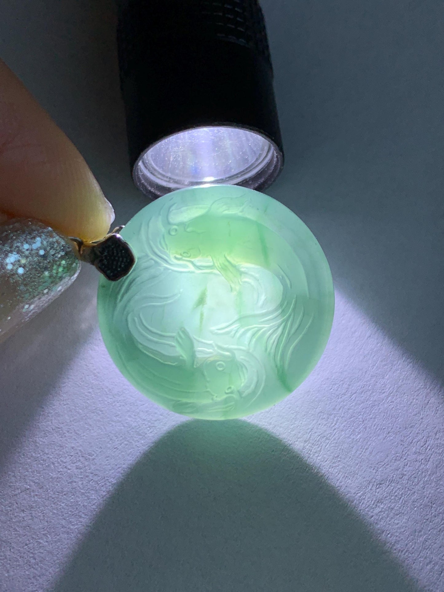 Natural Grade A Guatemalan Icy Translucent Teal Green Jade Jadeite Double Koi Fish Disc Pendant Sterling Silver 5g 天然冰危蓝绿翡翠双鱼圆牌吊坠 XKA128Y