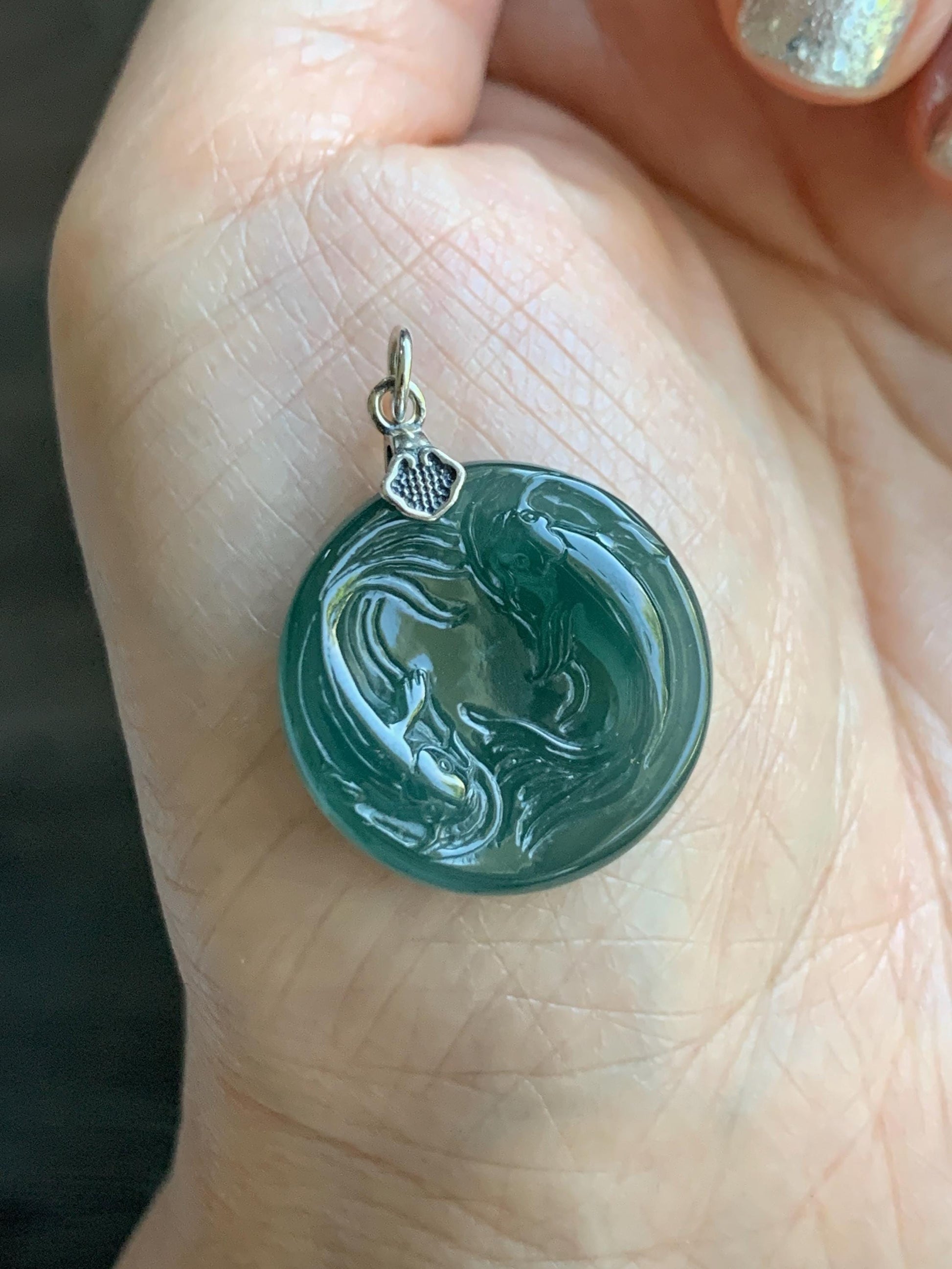 Natural Grade A Guatemalan Icy Translucent Teal Green Jade Jadeite Double Koi Fish Disc Pendant Sterling Silver 5g 天然冰危蓝绿翡翠双鱼圆牌吊坠 XKA128Y