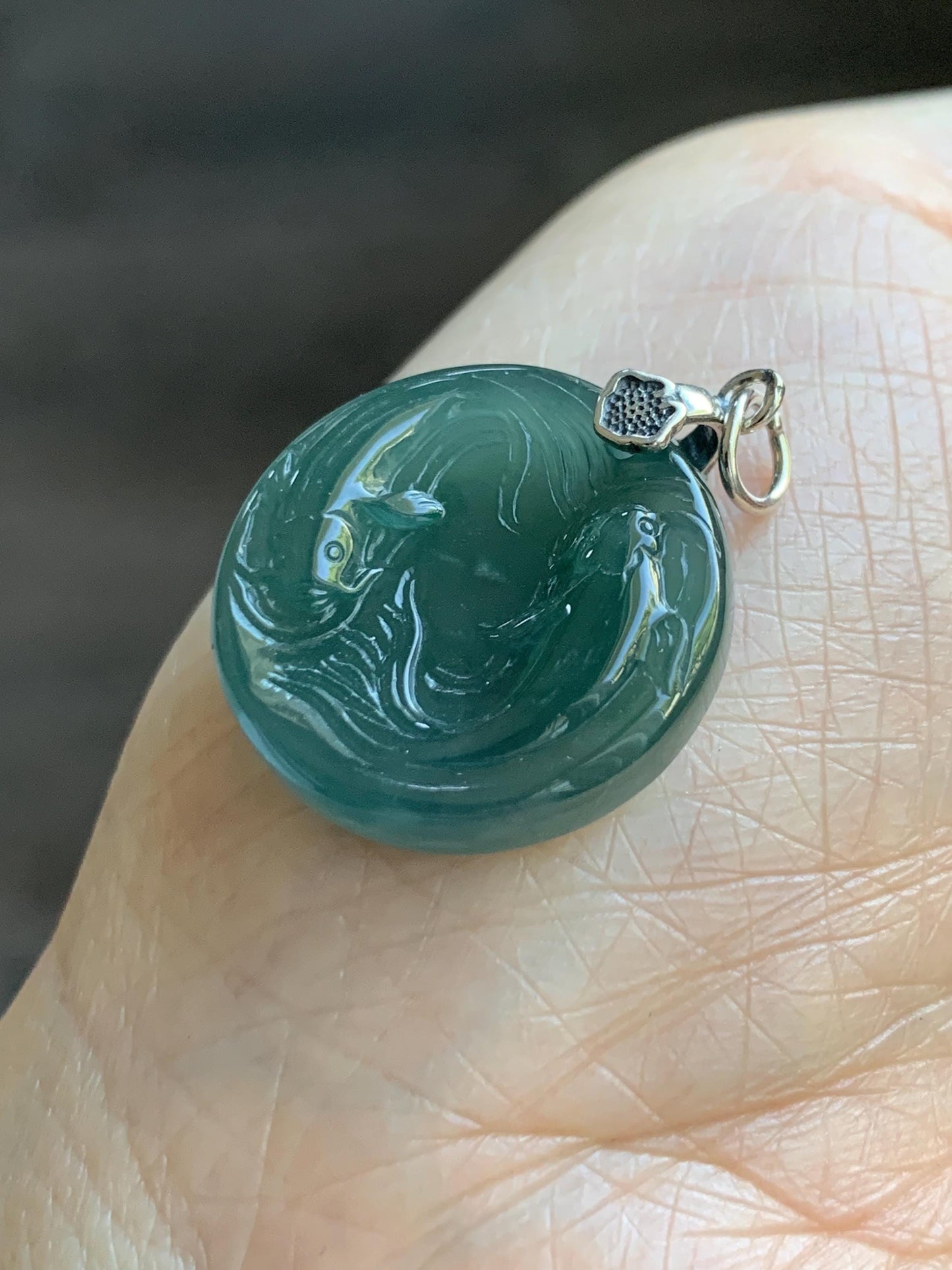 Natural Grade A Guatemalan Icy Translucent Teal Green Jade Jadeite Double Koi Fish Disc Pendant Sterling Silver 5g 天然冰危蓝绿翡翠双鱼圆牌吊坠 XKA128Y