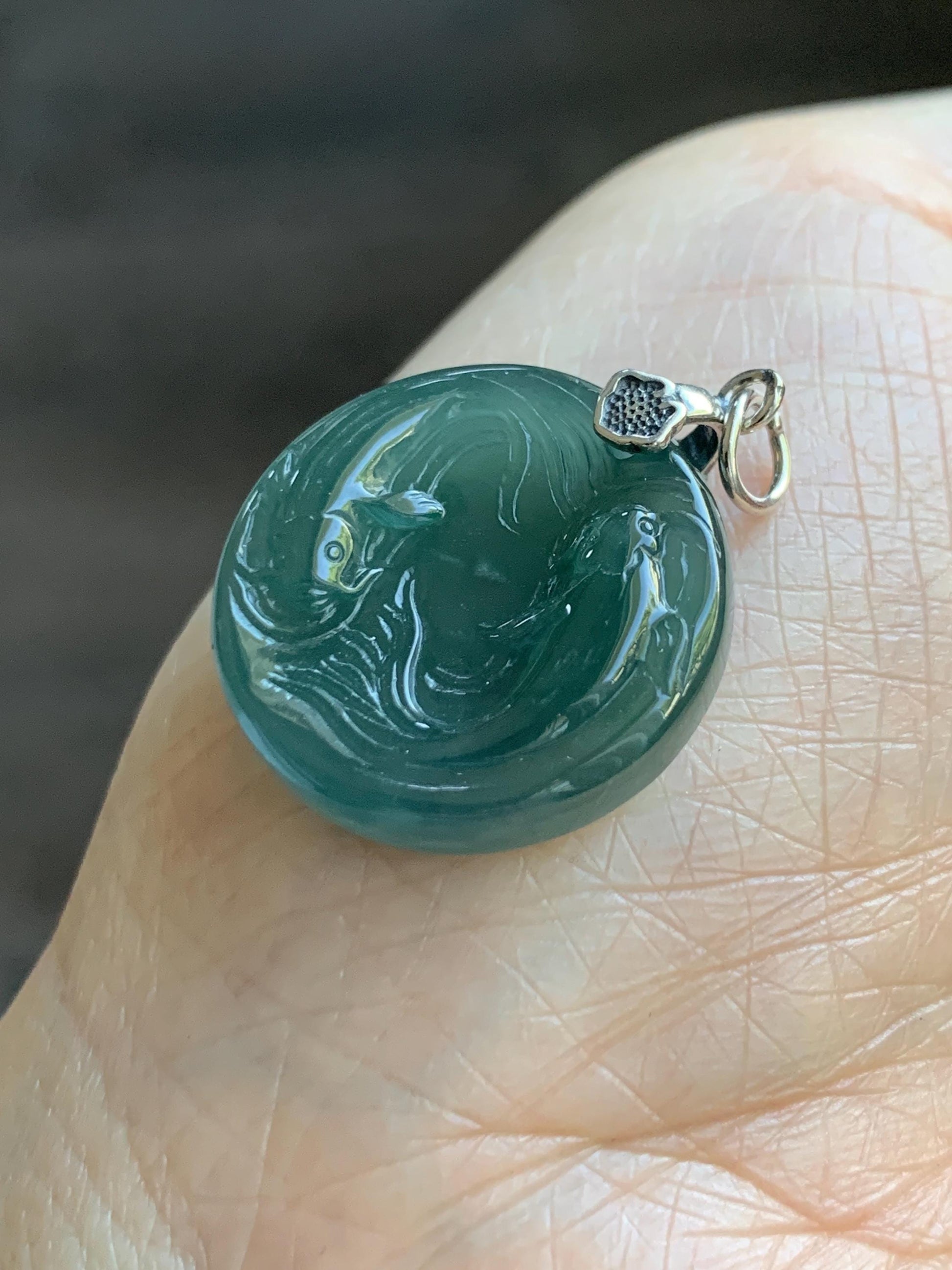 Natural Grade A Guatemalan Icy Translucent Teal Green Jade Jadeite Double Koi Fish Disc Pendant Sterling Silver 5g 天然冰危蓝绿翡翠双鱼圆牌吊坠 XKA128Y