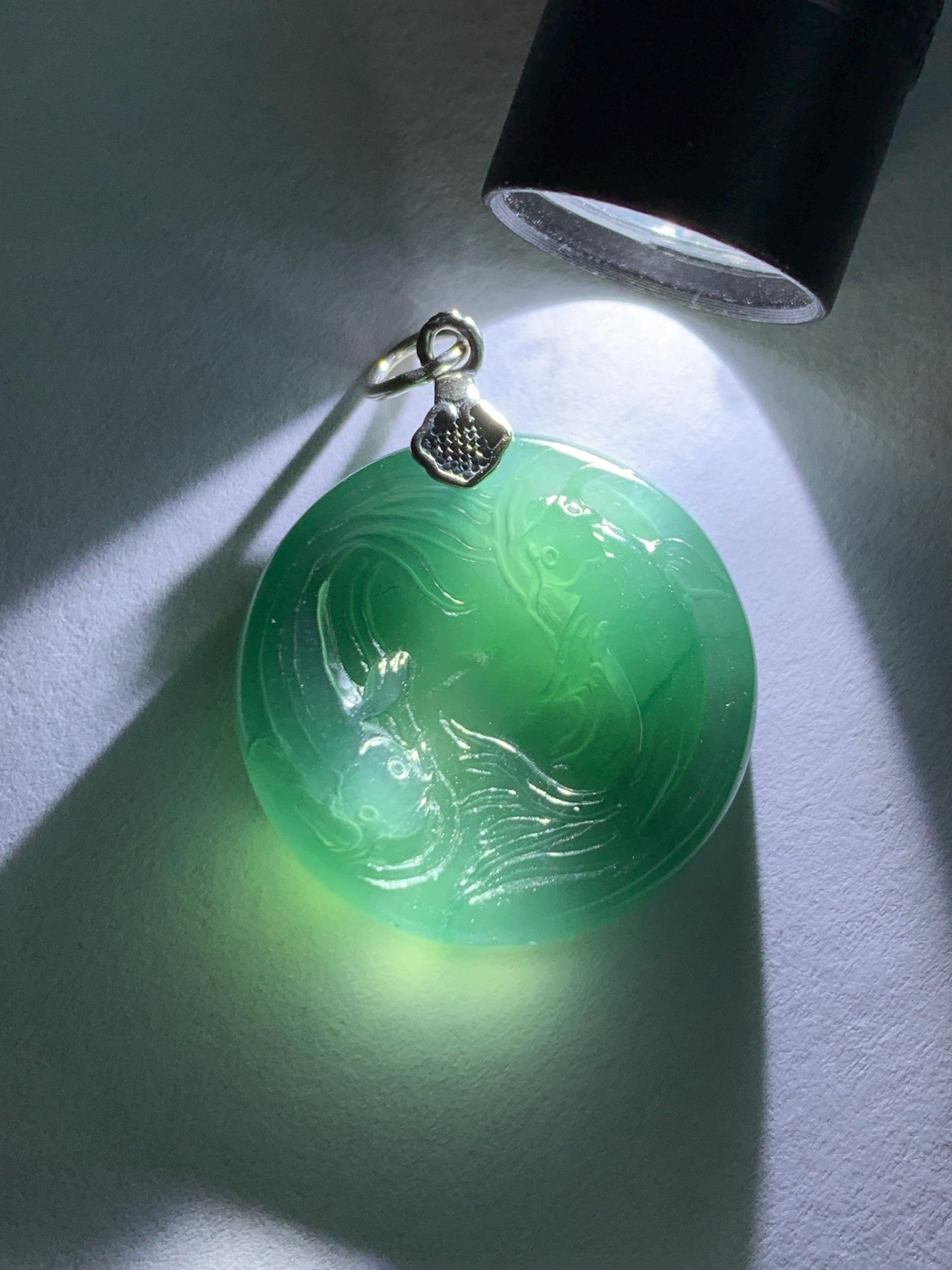 Natural Grade A Guatemalan Icy Translucent Teal Green Jade Jadeite Double Koi Fish Disc Pendant Sterling Silver 5g 天然冰危蓝绿翡翠双鱼圆牌吊坠 XKA128Y