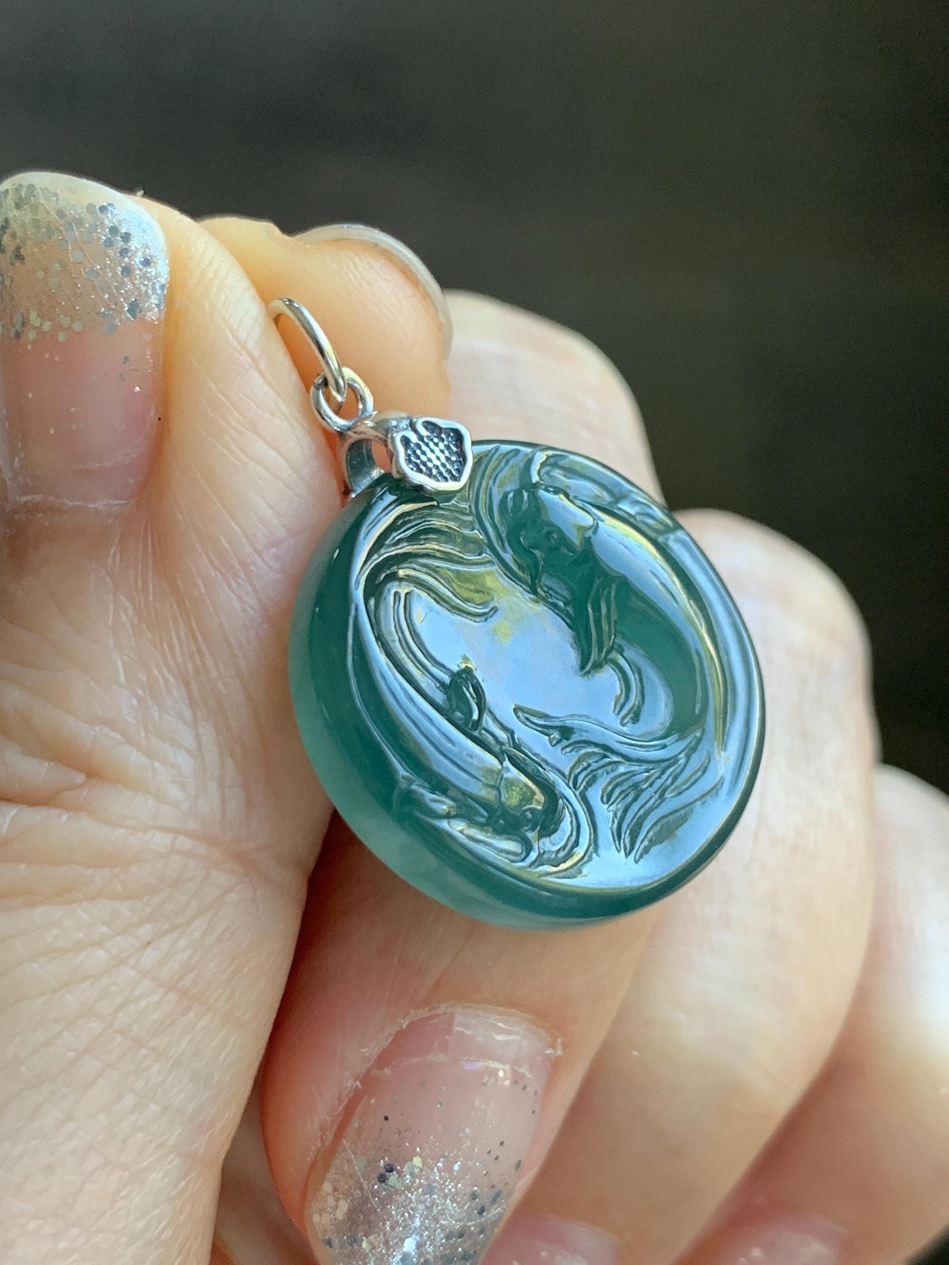 Natural Grade A Guatemalan Icy Translucent Teal Green Jade Jadeite Double Koi Fish Disc Pendant Sterling Silver 5g 天然冰危蓝绿翡翠双鱼圆牌吊坠 XKA128Y