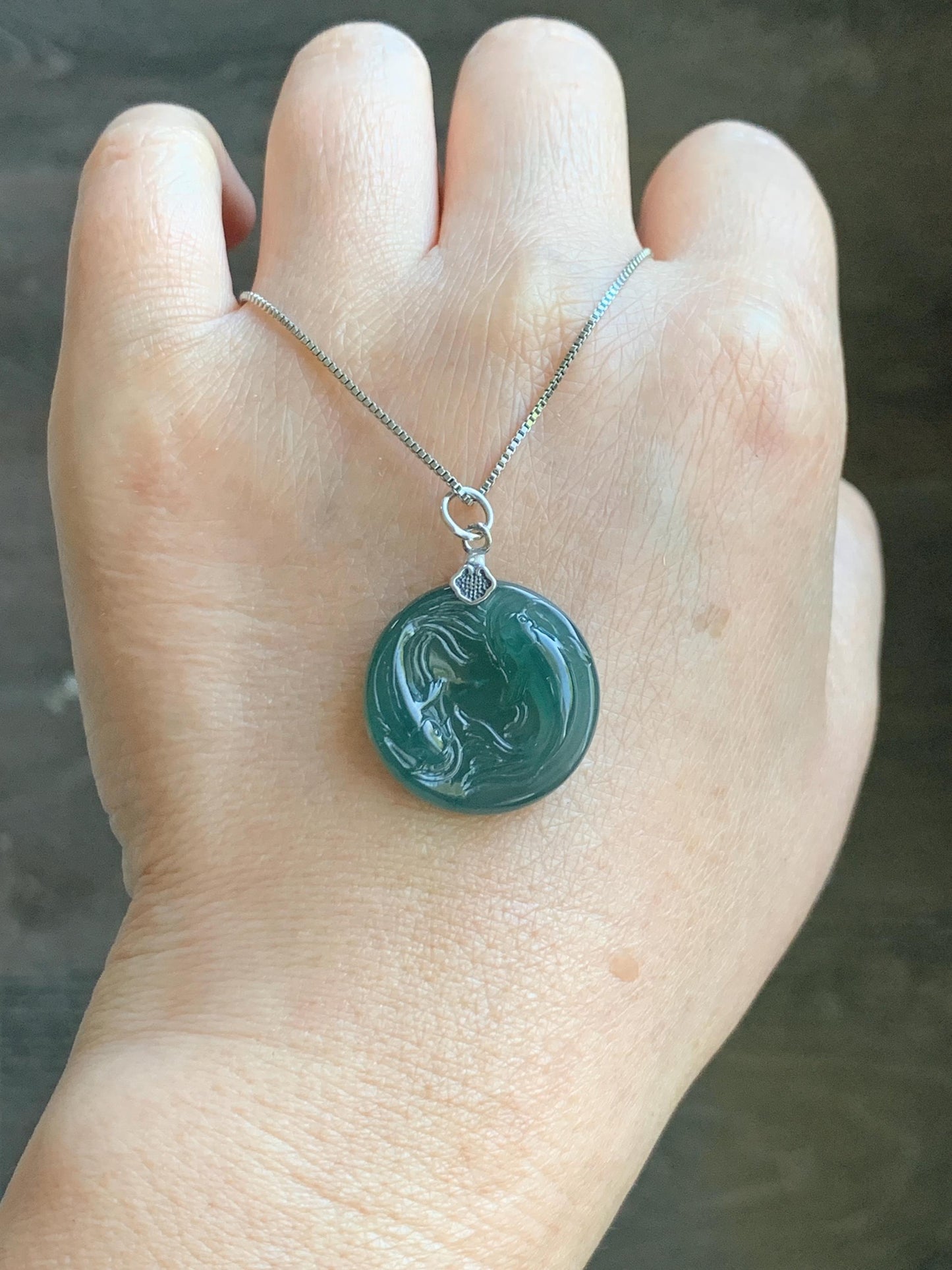 Natural Grade A Guatemalan Icy Translucent Teal Green Jade Jadeite Double Koi Fish Disc Pendant Sterling Silver 5g 天然冰危蓝绿翡翠双鱼圆牌吊坠 XKA128Y