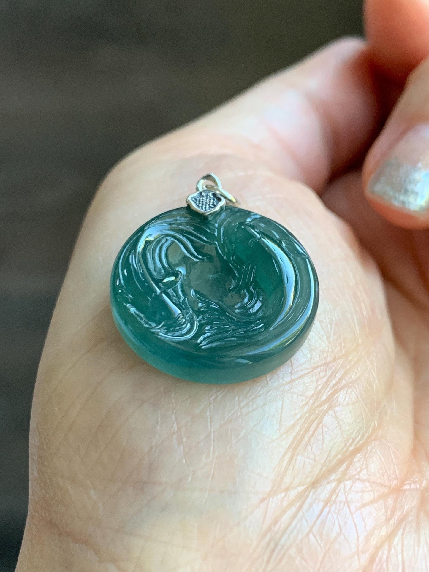 Natural Grade A Guatemalan Icy Translucent Teal Green Jade Jadeite Double Koi Fish Disc Pendant Sterling Silver 5g 天然冰危蓝绿翡翠双鱼圆牌吊坠 XKA128Y