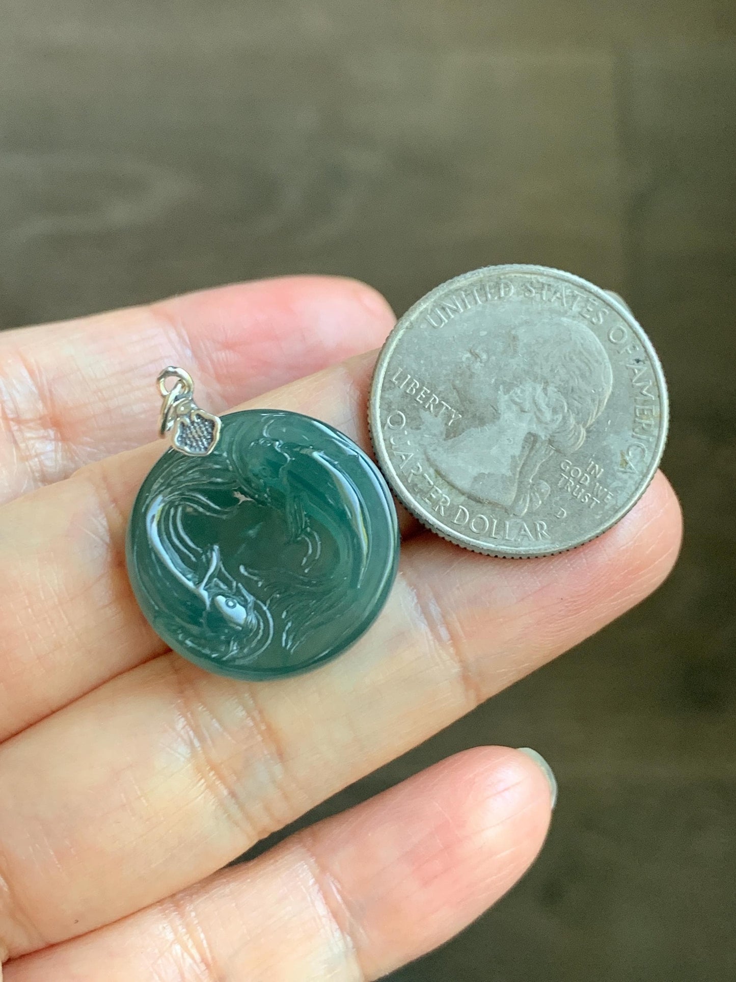 Natural Grade A Guatemalan Icy Translucent Teal Green Jade Jadeite Double Koi Fish Disc Pendant Sterling Silver 5g 天然冰危蓝绿翡翠双鱼圆牌吊坠 XKA128Y