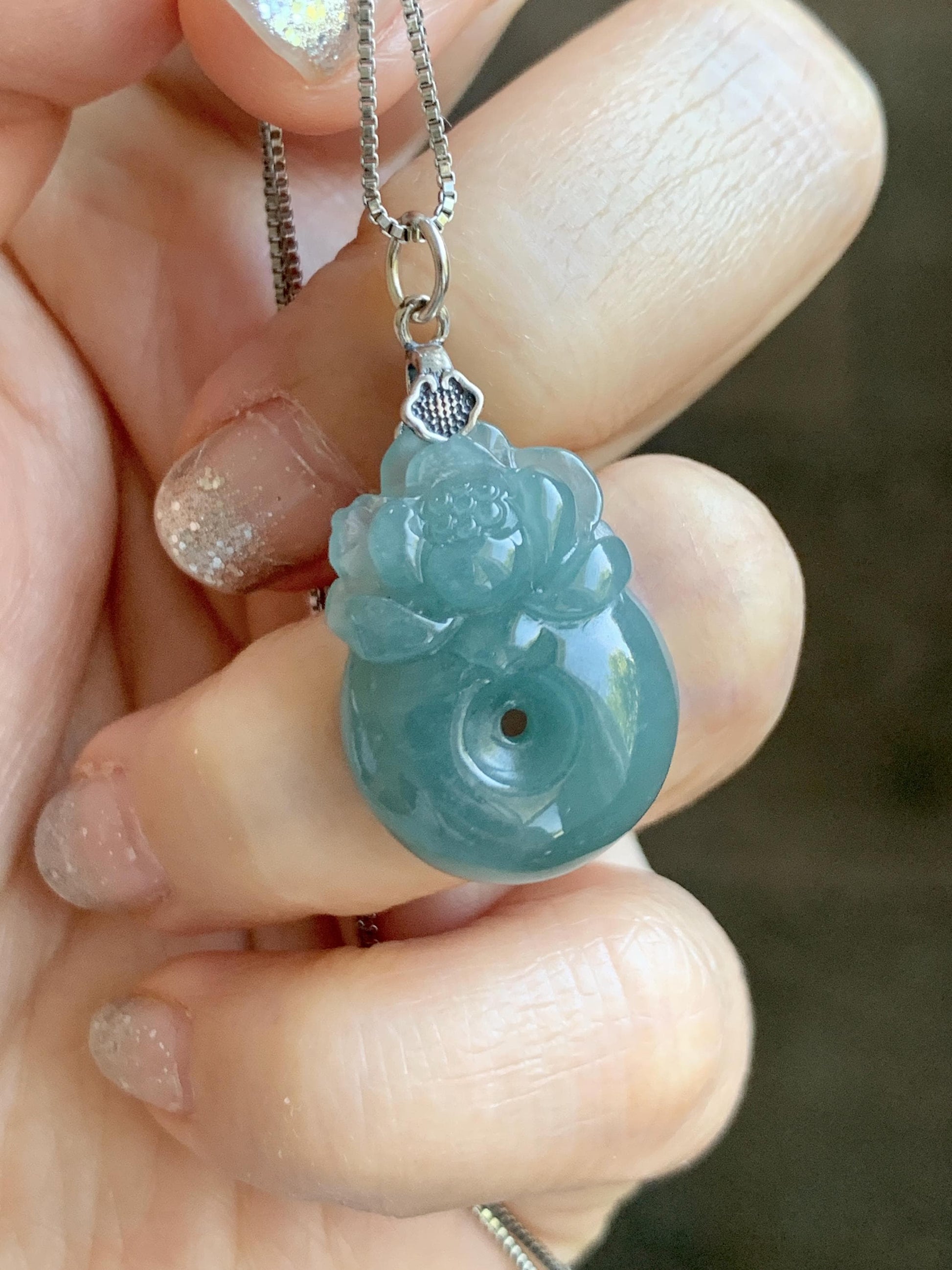 Natural Grade A Guatemalan Icy Translucent Teal Blue Jadeite Lotus Flower Ping An Kou Donut Pendant Sterling Silver 5g 天然冰危蓝翡翠莲花平安扣吊坠 WTL165