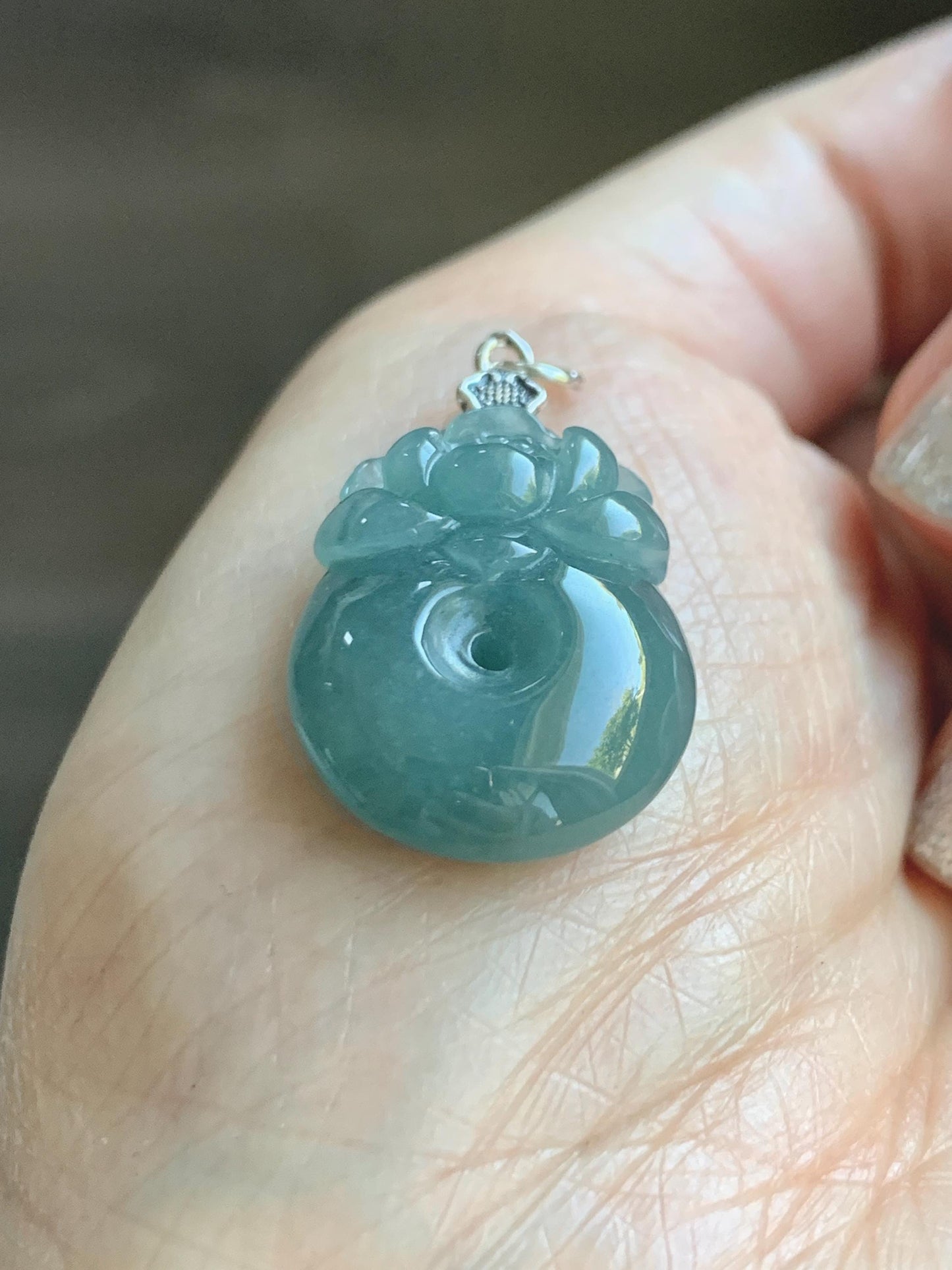 Natural Grade A Guatemalan Icy Translucent Teal Blue Jadeite Lotus Flower Ping An Kou Donut Pendant Sterling Silver 5g 天然冰危蓝翡翠莲花平安扣吊坠 WTL165
