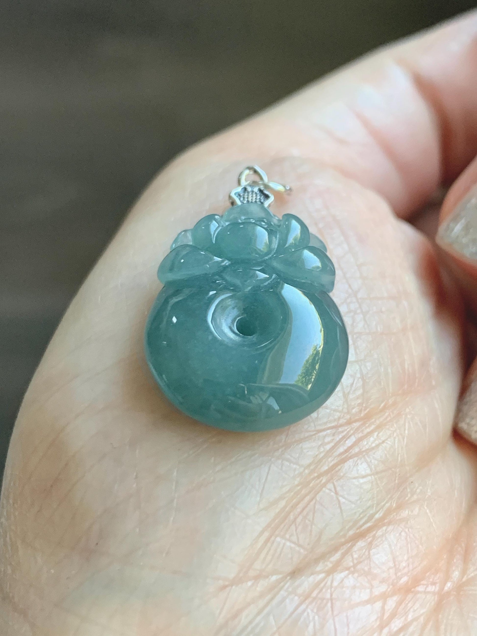 Natural Grade A Guatemalan Icy Translucent Teal Blue Jadeite Lotus Flower Ping An Kou Donut Pendant Sterling Silver 5g 天然冰危蓝翡翠莲花平安扣吊坠 WTL165