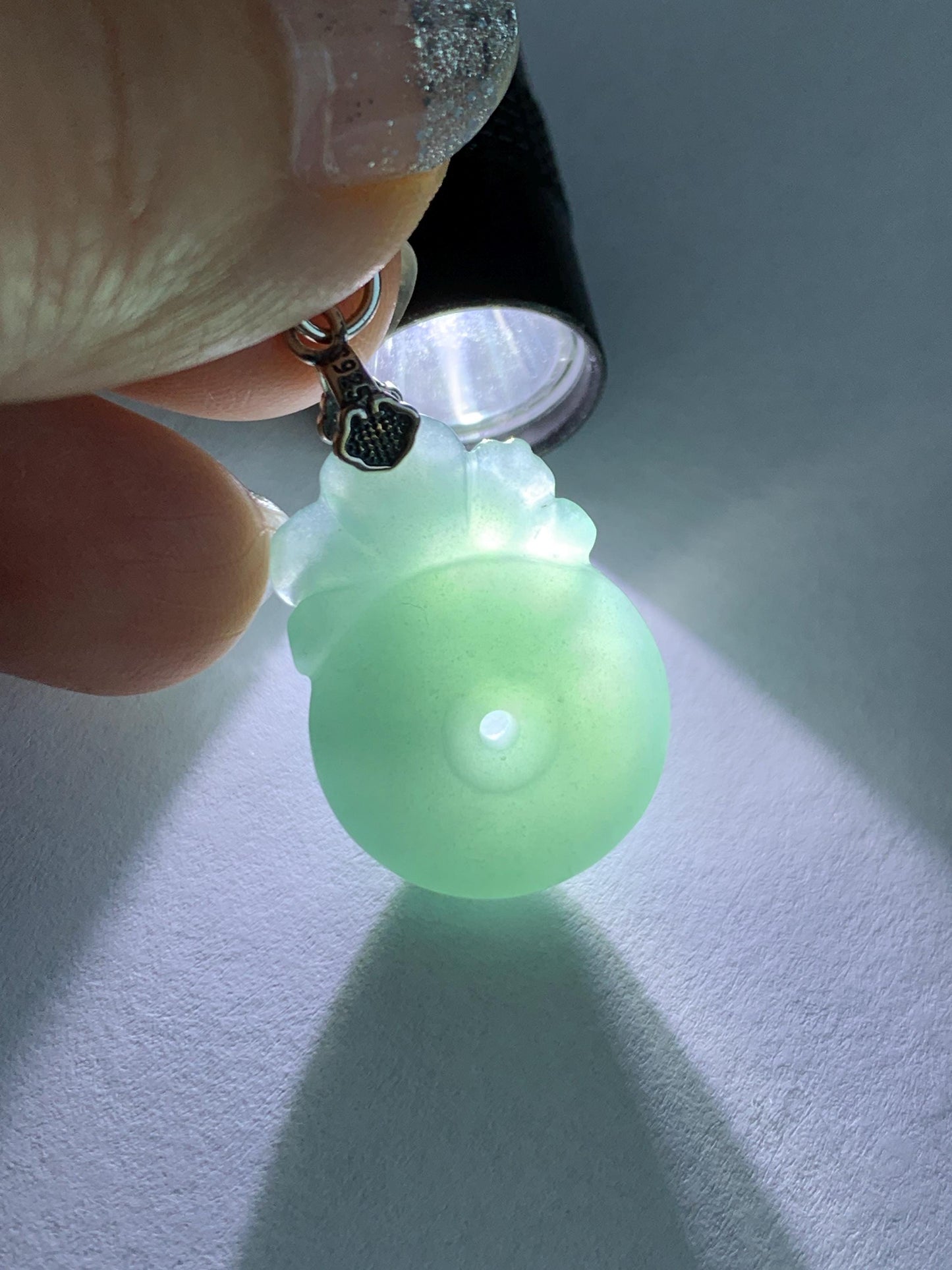 Natural Grade A Guatemalan Icy Translucent Teal Blue Jadeite Lotus Flower Ping An Kou Donut Pendant Sterling Silver 5g 天然冰危蓝翡翠莲花平安扣吊坠 WTL165