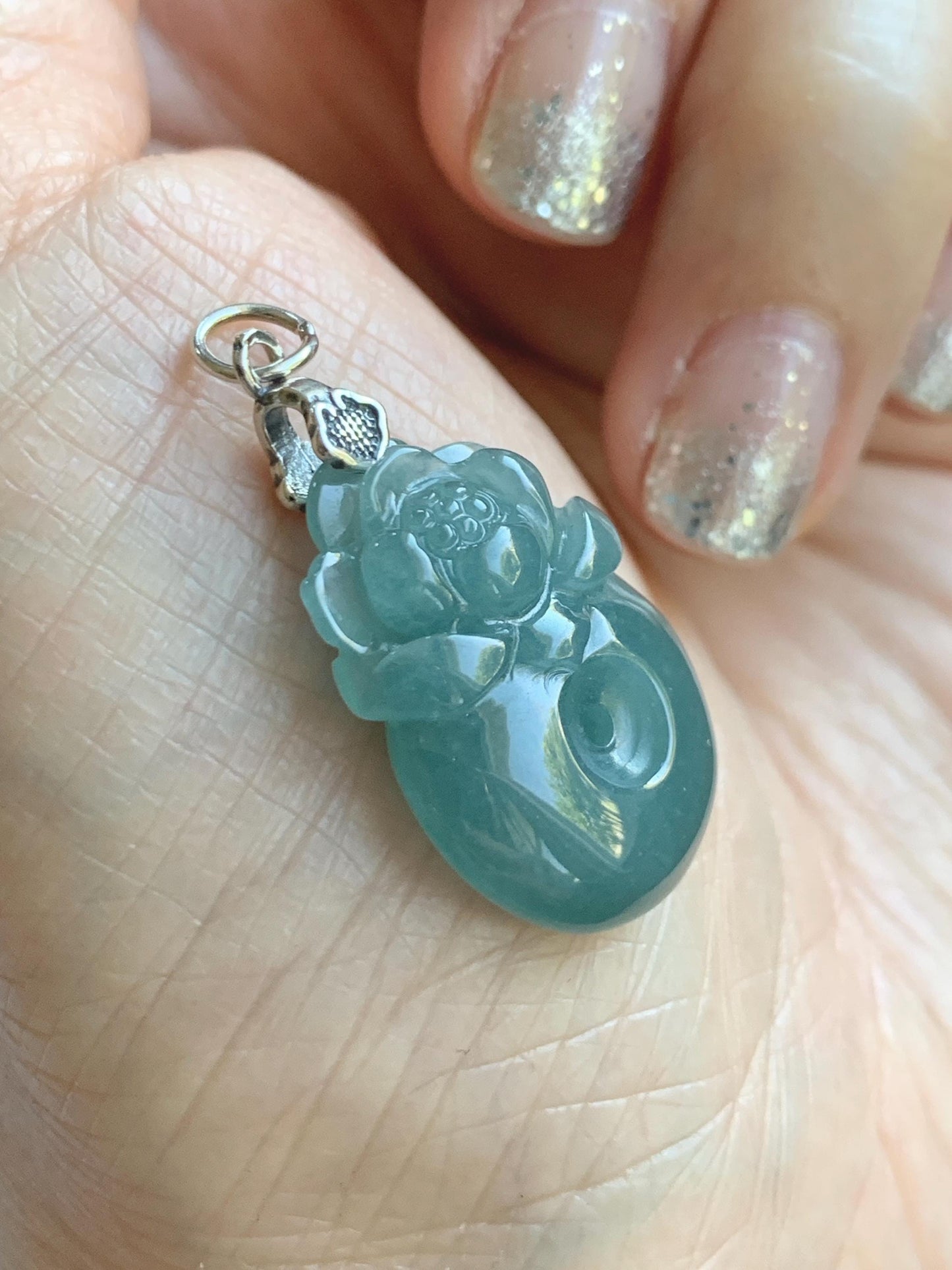 Natural Grade A Guatemalan Icy Translucent Teal Blue Jadeite Lotus Flower Ping An Kou Donut Pendant Sterling Silver 5g 天然冰危蓝翡翠莲花平安扣吊坠 WTL165