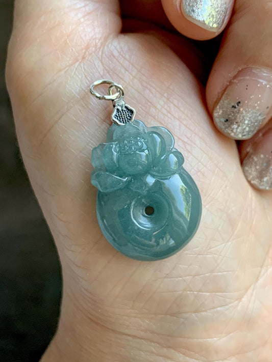 Natural Grade A Guatemalan Icy Translucent Teal Blue Jadeite Lotus Flower Ping An Kou Donut Pendant Sterling Silver 5g 天然冰危蓝翡翠莲花平安扣吊坠 WTL165