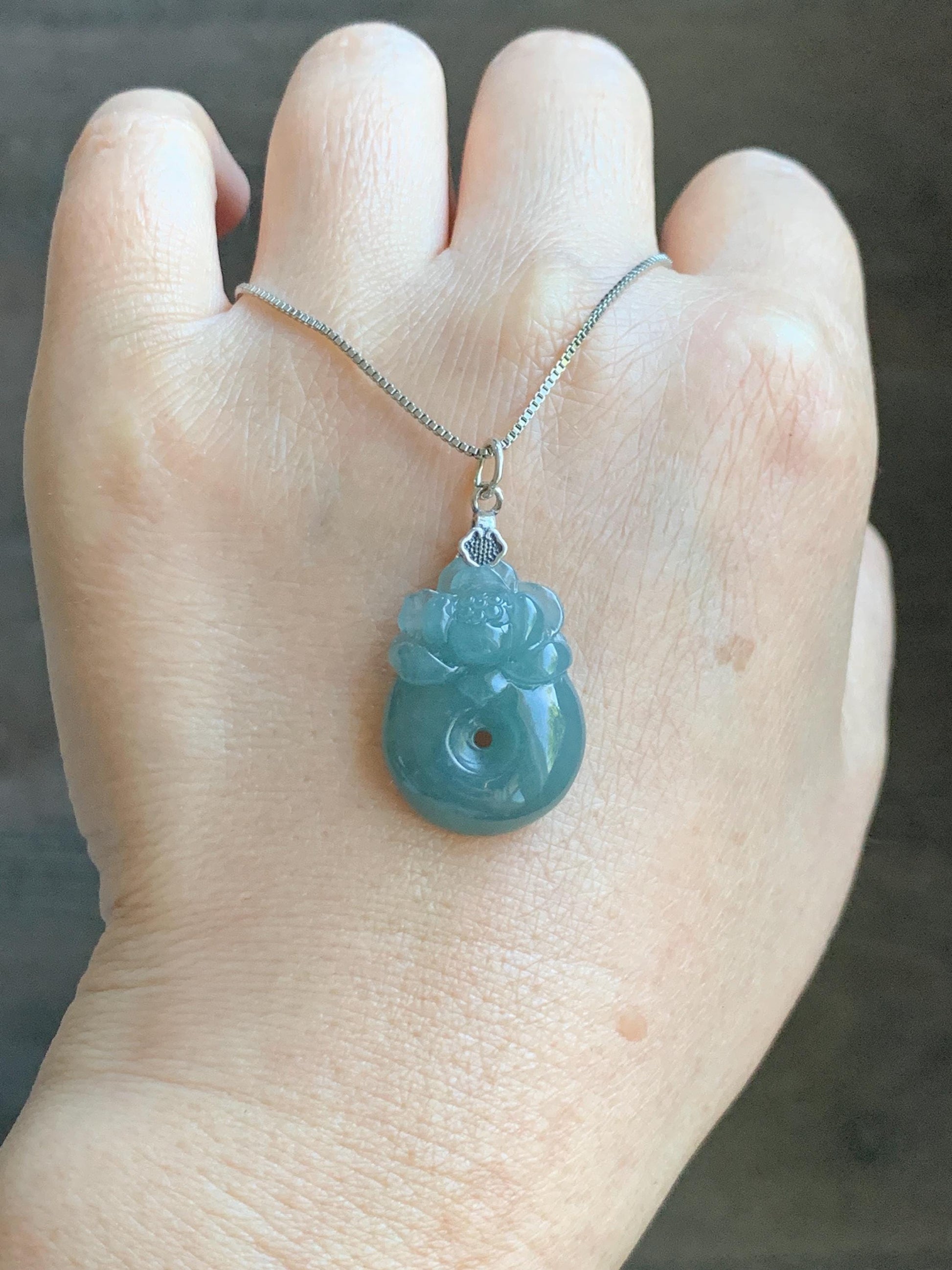 Natural Grade A Guatemalan Icy Translucent Teal Blue Jadeite Lotus Flower Ping An Kou Donut Pendant Sterling Silver 5g 天然冰危蓝翡翠莲花平安扣吊坠 WTL165