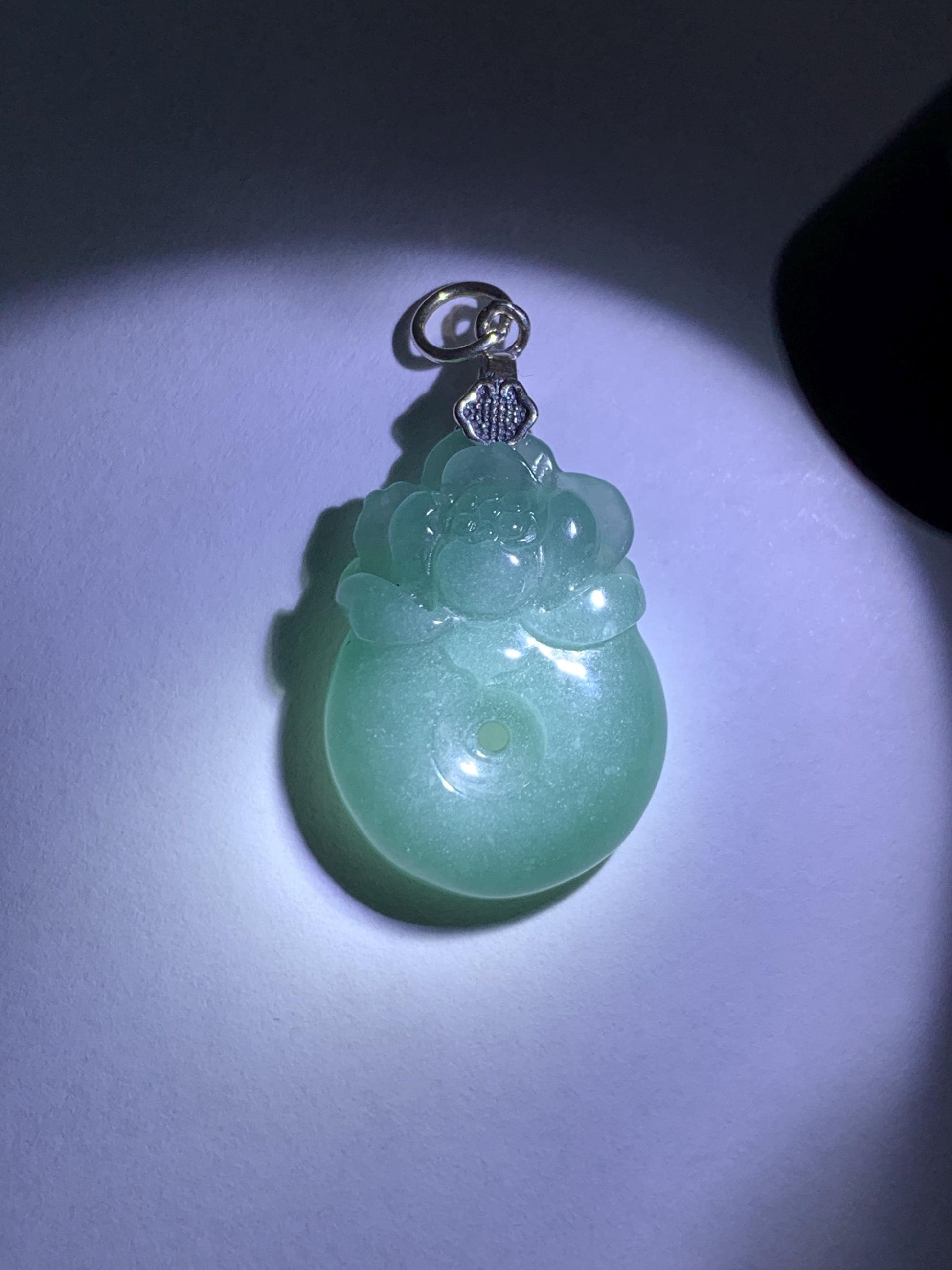 Natural Grade A Guatemalan Icy Translucent Teal Blue Jadeite Lotus Flower Ping An Kou Donut Pendant Sterling Silver 5g 天然冰危蓝翡翠莲花平安扣吊坠 WTL165