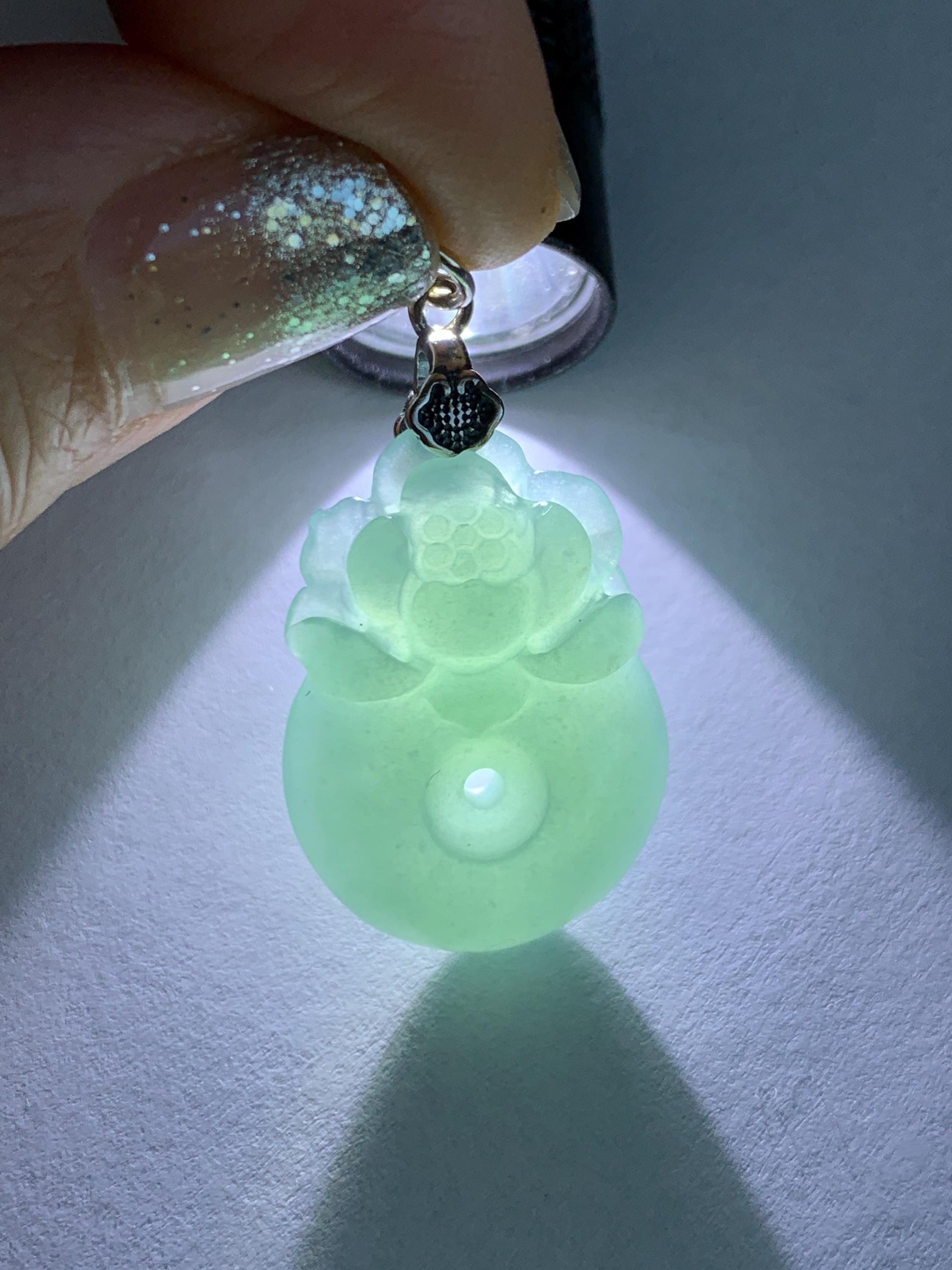 Natural Grade A Guatemalan Icy Translucent Teal Blue Jadeite Lotus Flower Ping An Kou Donut Pendant Sterling Silver 5g 天然冰危蓝翡翠莲花平安扣吊坠 WTL165