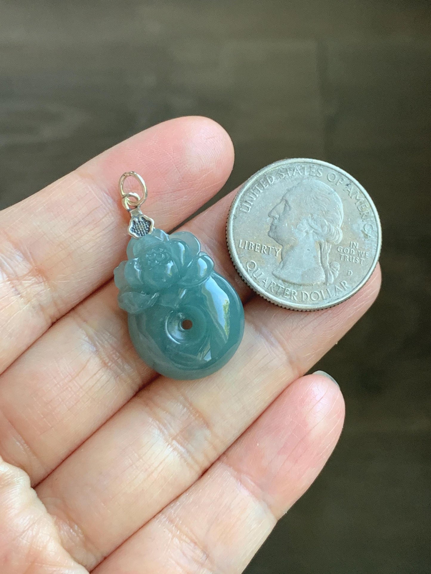 Natural Grade A Guatemalan Icy Translucent Teal Blue Jadeite Lotus Flower Ping An Kou Donut Pendant Sterling Silver 5g 天然冰危蓝翡翠莲花平安扣吊坠 WTL165