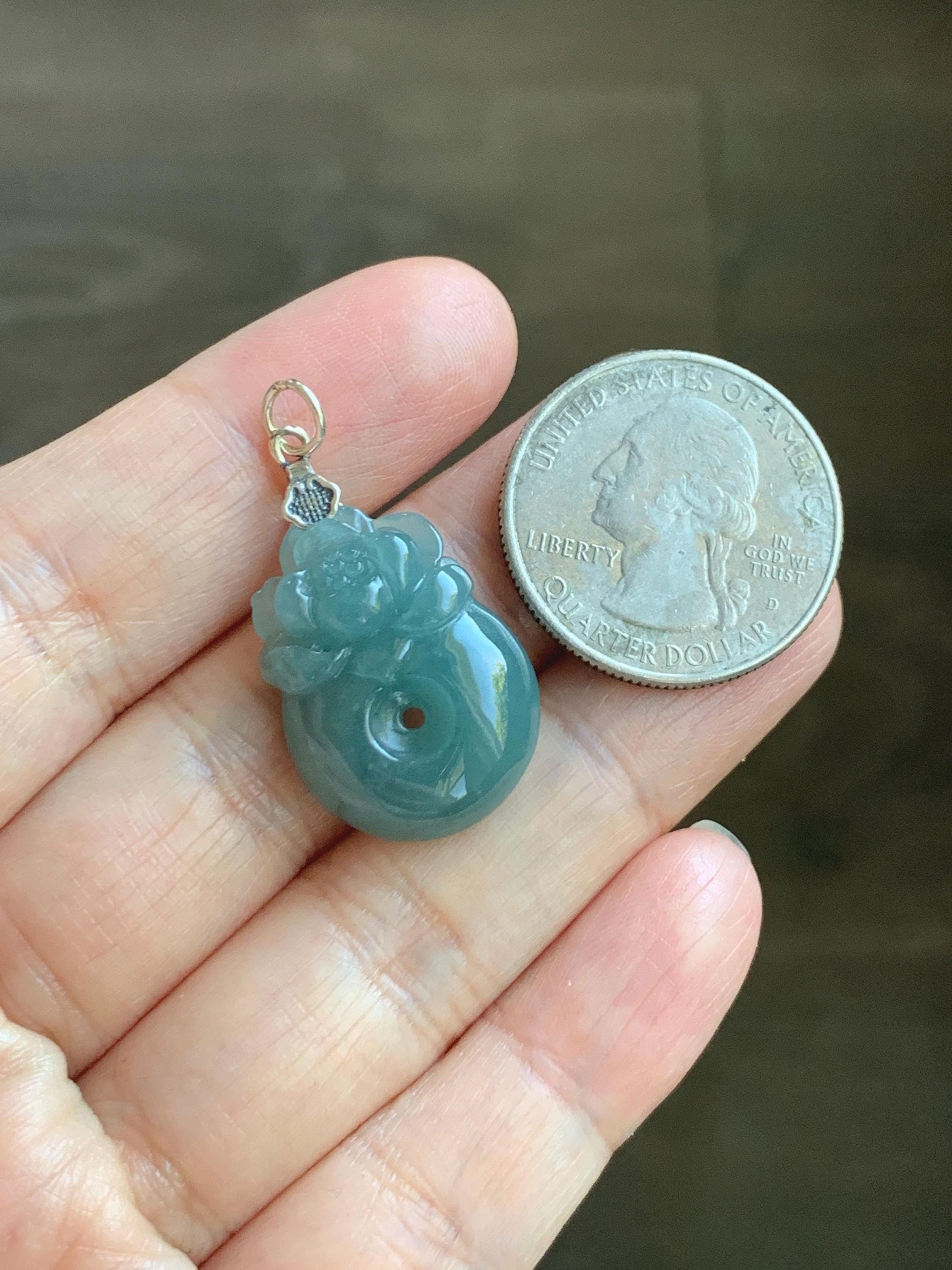 Natural Grade A Guatemalan Icy Translucent Teal Blue Jadeite Lotus Flower Ping An Kou Donut Pendant Sterling Silver 5g 天然冰危蓝翡翠莲花平安扣吊坠 WTL165