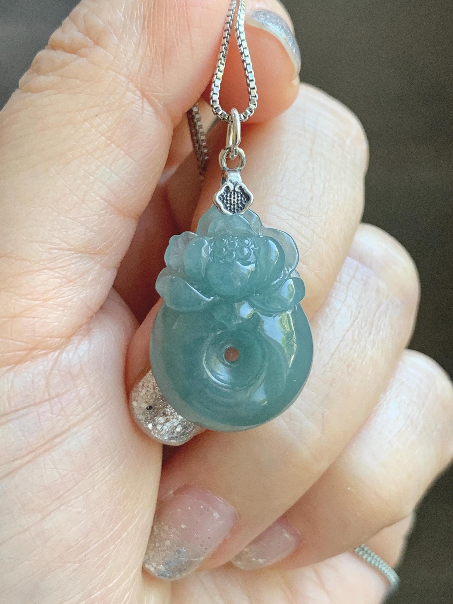 Natural Grade A Guatemalan Icy Translucent Teal Blue Jadeite Lotus Flower Ping An Kou Donut Pendant Sterling Silver 5g 天然冰危蓝翡翠莲花平安扣吊坠 WTL165