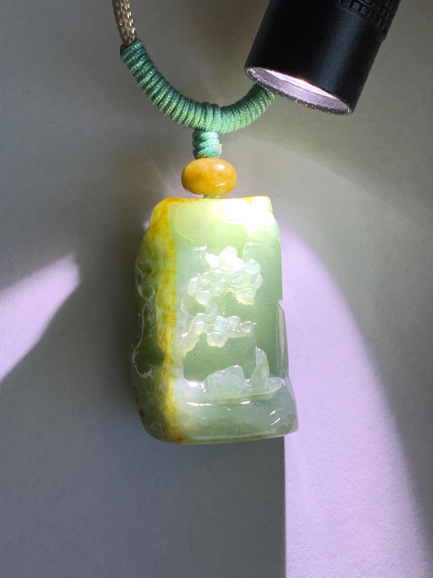 Natural Grade A Icy Translucent Dusty Green Bicolored Jade Jadeite w/ Rind Shan Shui Pendant Rope Necklace 26” 28g 天然冰暗蓝绿翡翠皮壳料山水吊坠项链 PKM95