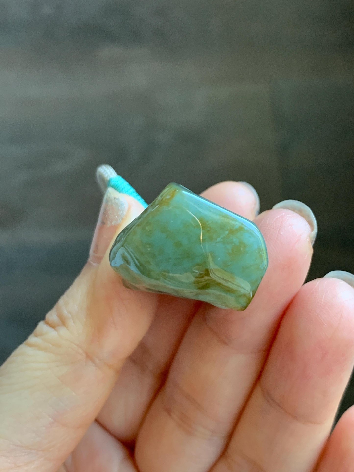 Natural Grade A Icy Translucent Dusty Green Bicolored Jade Jadeite w/ Rind Shan Shui Pendant Rope Necklace 26” 28g 天然冰暗蓝绿翡翠皮壳料山水吊坠项链 PKM95