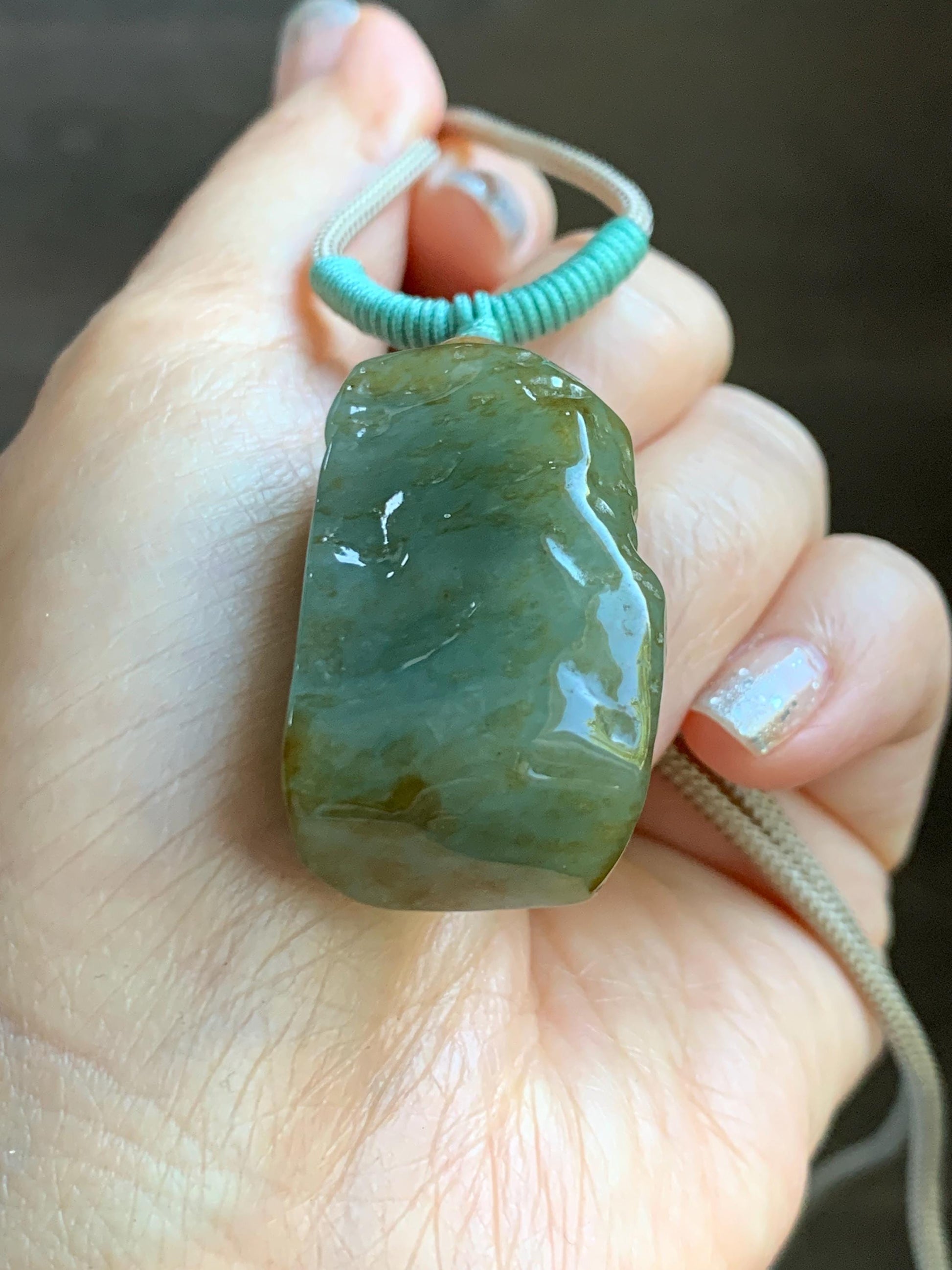Natural Grade A Icy Translucent Dusty Green Bicolored Jade Jadeite w/ Rind Shan Shui Pendant Rope Necklace 26” 28g 天然冰暗蓝绿翡翠皮壳料山水吊坠项链 PKM95