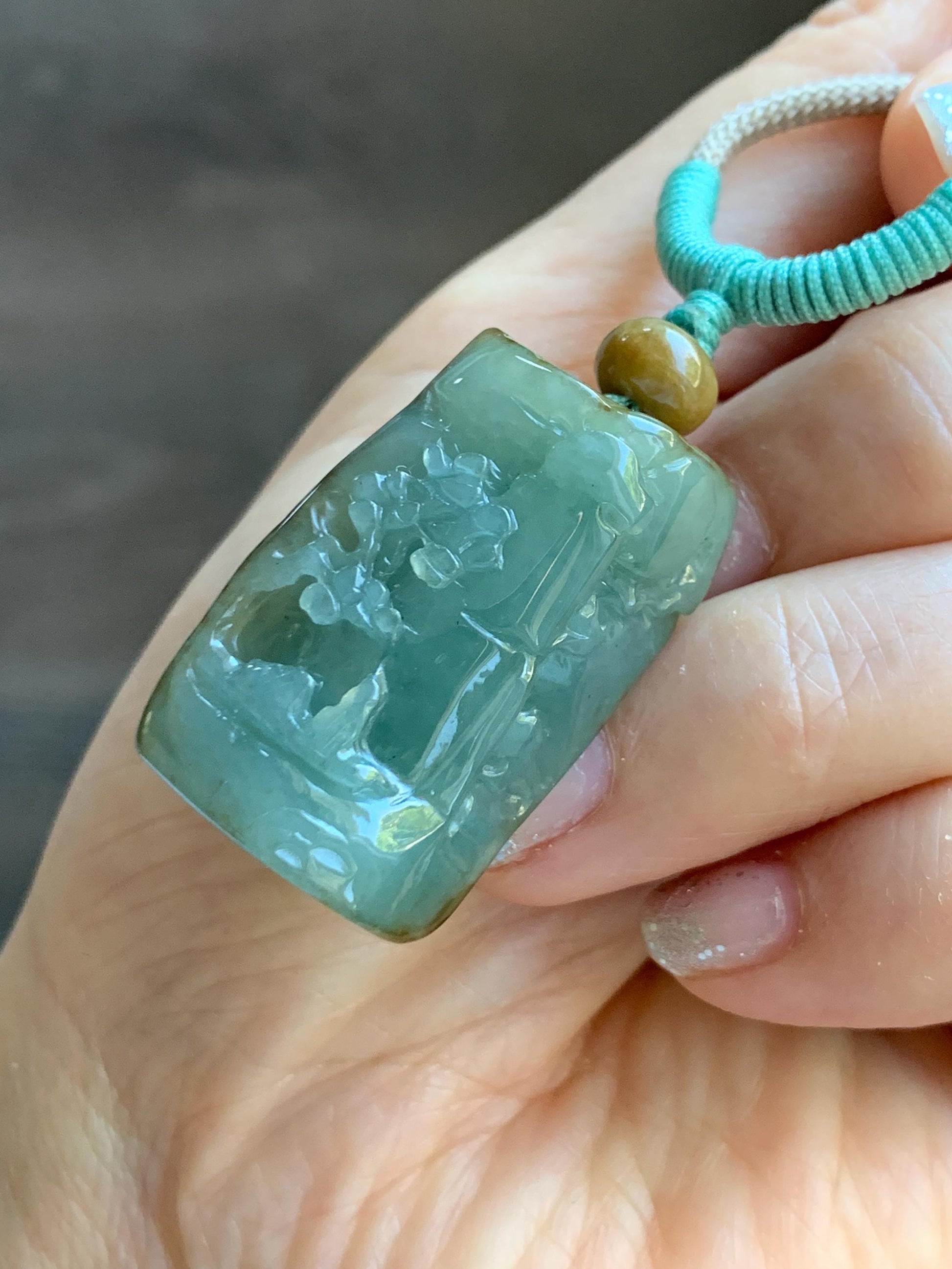 Natural Grade A Icy Translucent Dusty Green Bicolored Jade Jadeite w/ Rind Shan Shui Pendant Rope Necklace 26” 28g 天然冰暗蓝绿翡翠皮壳料山水吊坠项链 PKM95