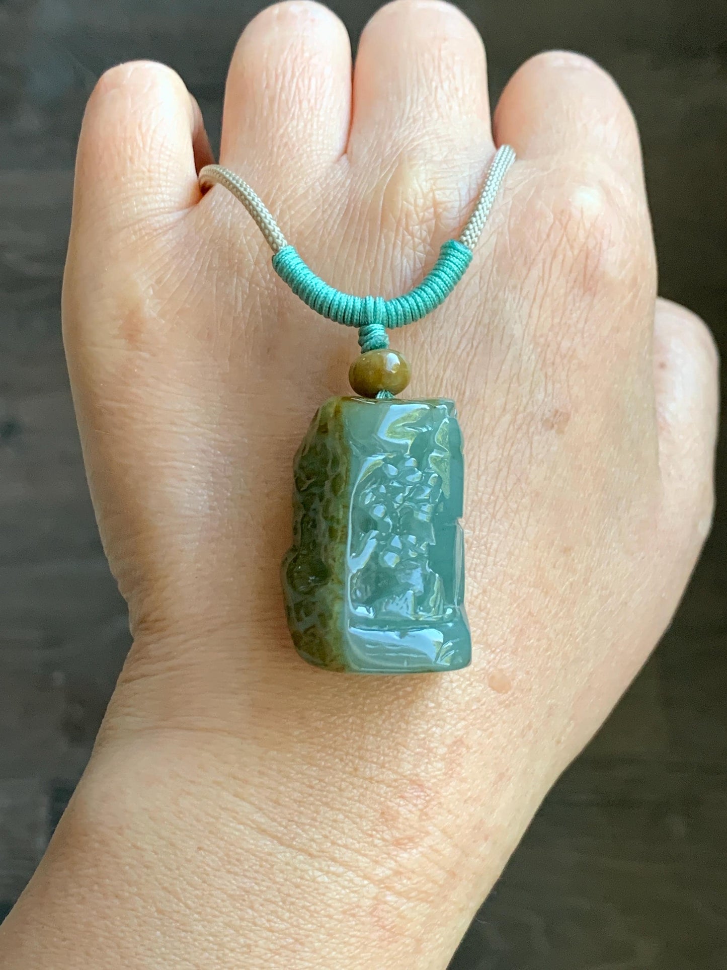 Natural Grade A Icy Translucent Dusty Green Bicolored Jade Jadeite w/ Rind Shan Shui Pendant Rope Necklace 26” 28g 天然冰暗蓝绿翡翠皮壳料山水吊坠项链 PKM95