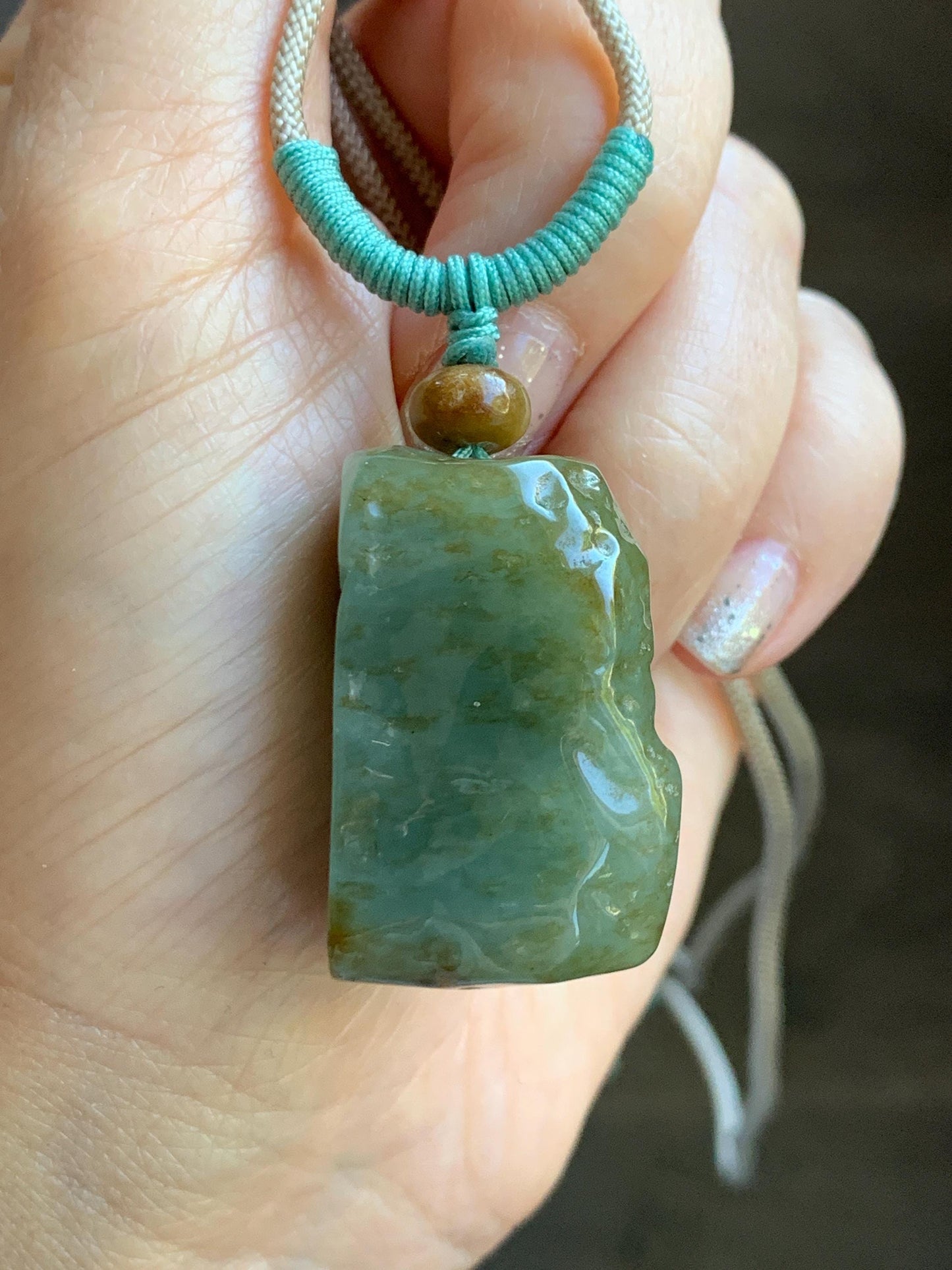 Natural Grade A Icy Translucent Dusty Green Bicolored Jade Jadeite w/ Rind Shan Shui Pendant Rope Necklace 26” 28g 天然冰暗蓝绿翡翠皮壳料山水吊坠项链 PKM95