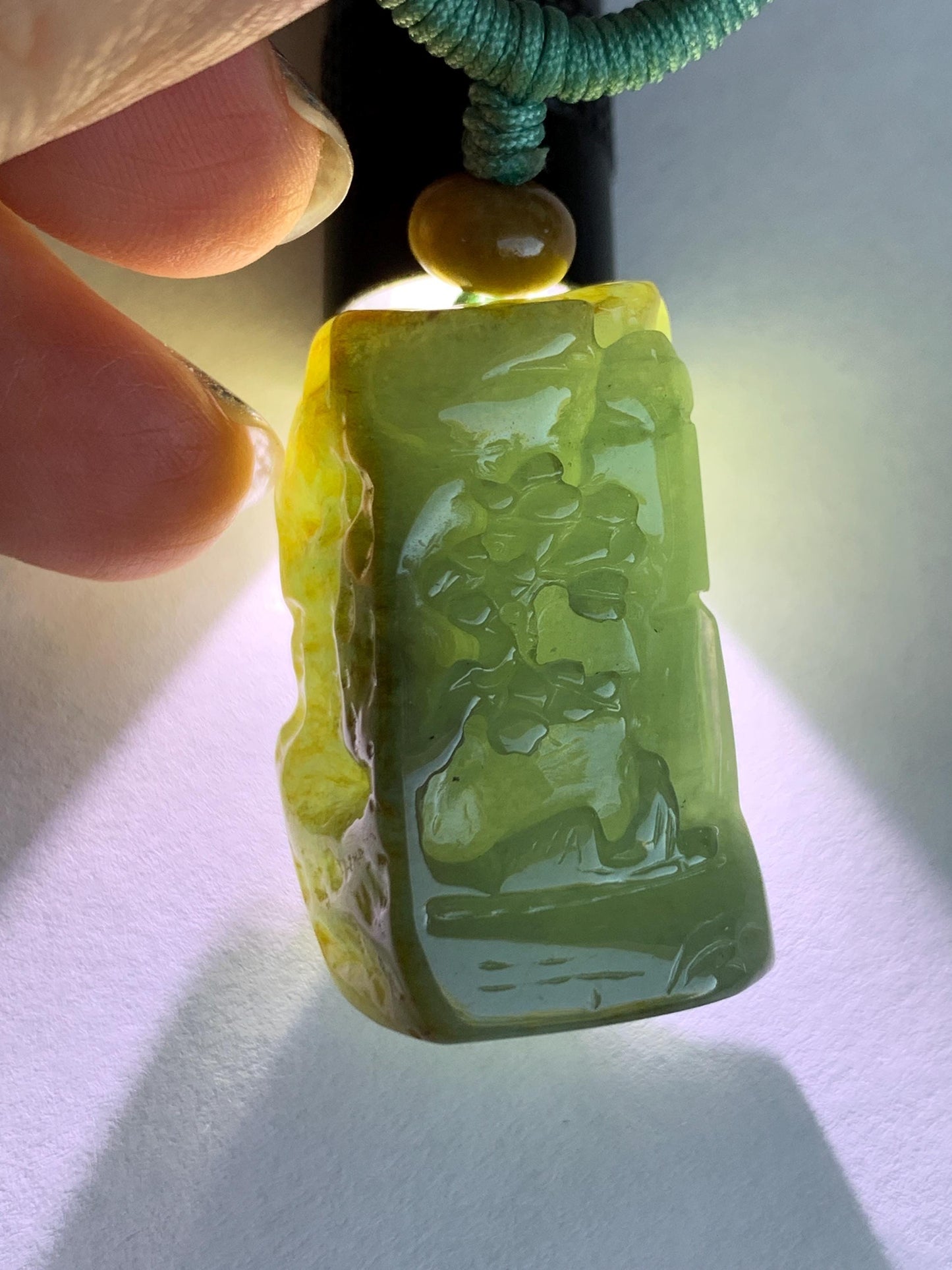 Natural Grade A Icy Translucent Dusty Green Bicolored Jade Jadeite w/ Rind Shan Shui Pendant Rope Necklace 26” 28g 天然冰暗蓝绿翡翠皮壳料山水吊坠项链 PKM95
