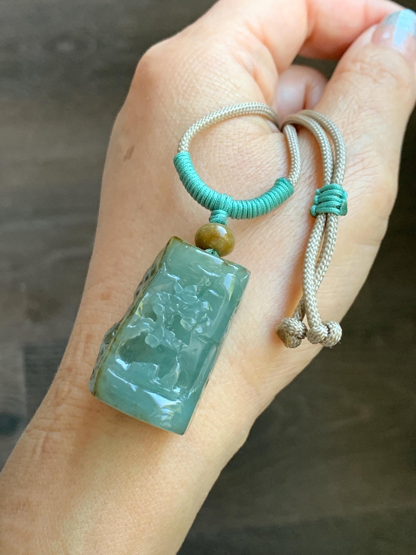 Natural Grade A Icy Translucent Dusty Green Bicolored Jade Jadeite w/ Rind Shan Shui Pendant Rope Necklace 26” 28g 天然冰暗蓝绿翡翠皮壳料山水吊坠项链 PKM95