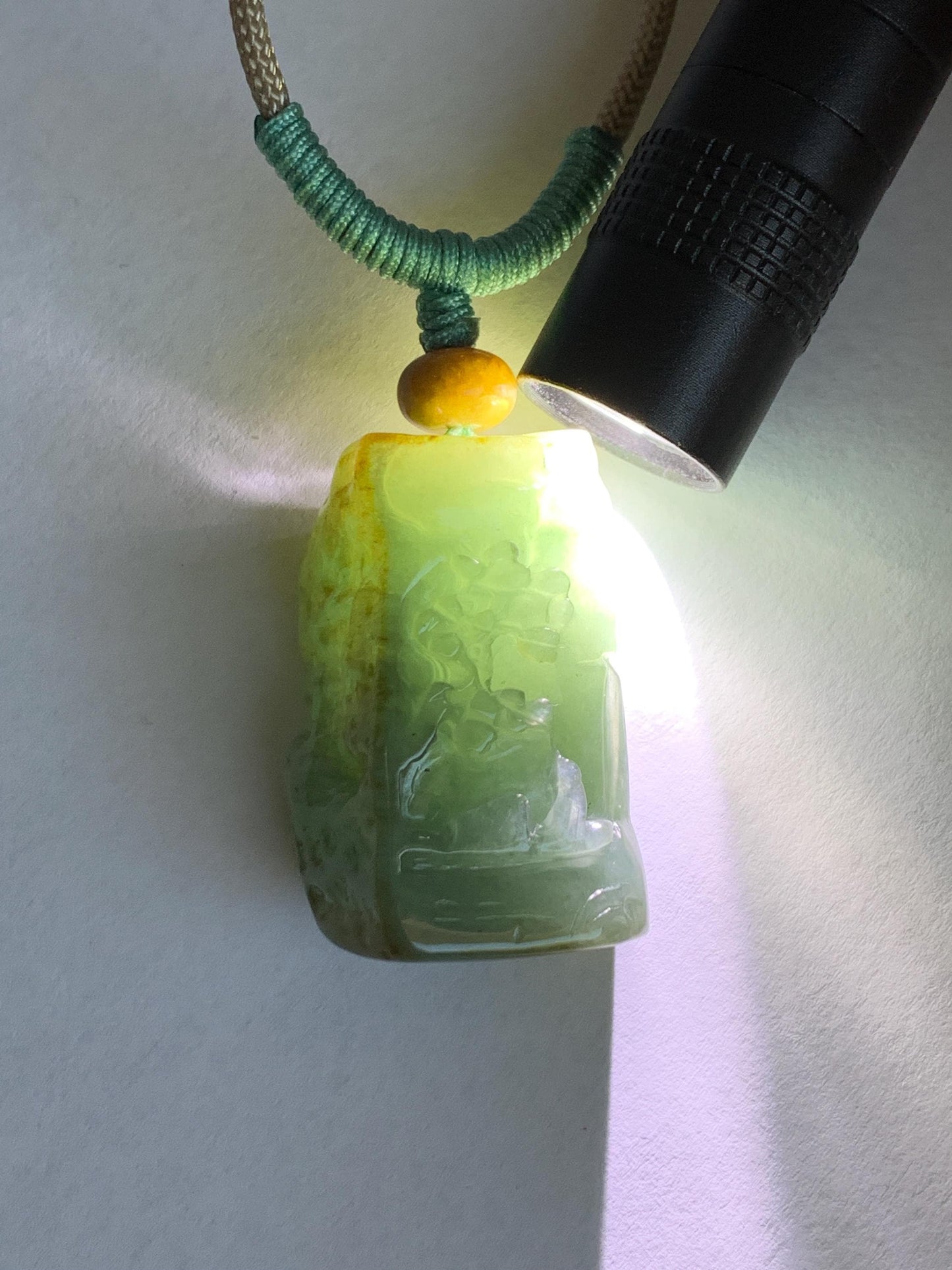 Natural Grade A Icy Translucent Dusty Green Bicolored Jade Jadeite w/ Rind Shan Shui Pendant Rope Necklace 26” 28g 天然冰暗蓝绿翡翠皮壳料山水吊坠项链 PKM95