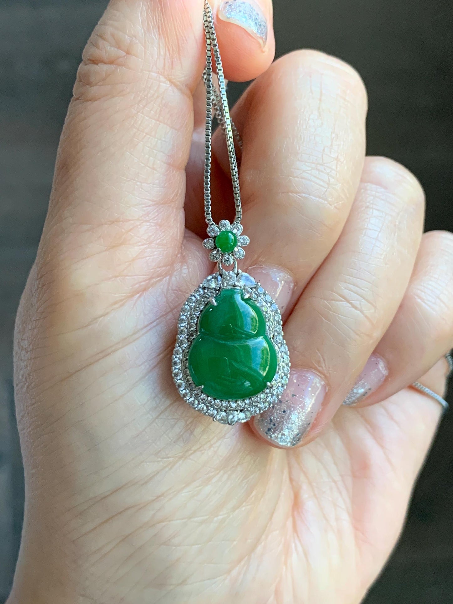 Natural Grade A Guatemalan Icy Translucent Vibrant Green Jade Jadeite Gourd Hulu Pendant Sterling Silver 5g 天然冰危绿翡翠葫芦吊坠 XMH330A