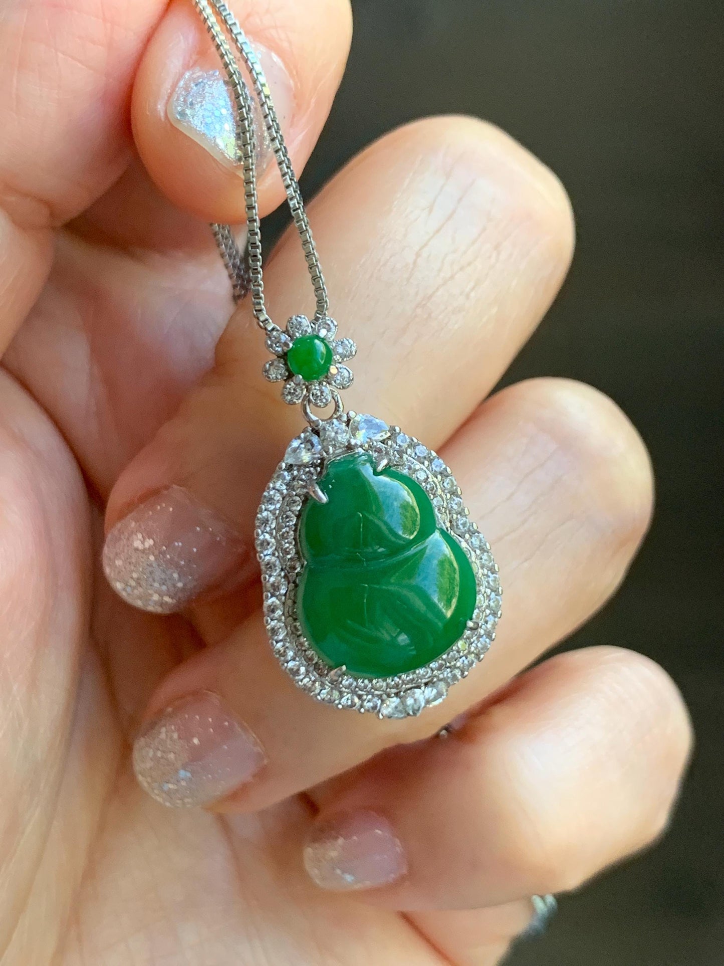 Natural Grade A Guatemalan Icy Translucent Vibrant Green Jade Jadeite Gourd Hulu Pendant Sterling Silver 5g 天然冰危绿翡翠葫芦吊坠 XMH330A