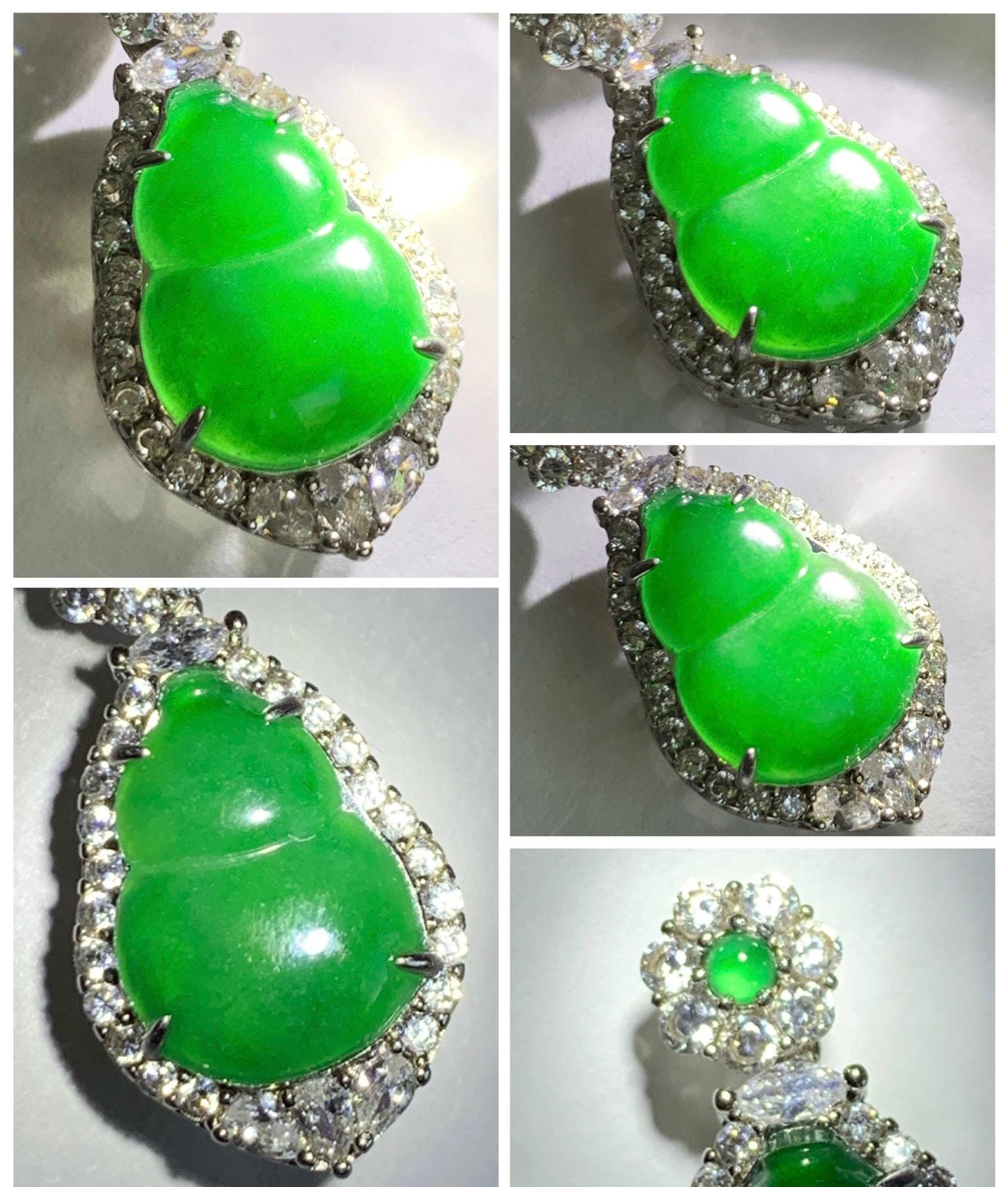 Natural Grade A Guatemalan Icy Translucent Vibrant Green Jade Jadeite Gourd Hulu Pendant Sterling Silver 4g 天然冰危绿翡翠葫芦吊坠 XMH330B