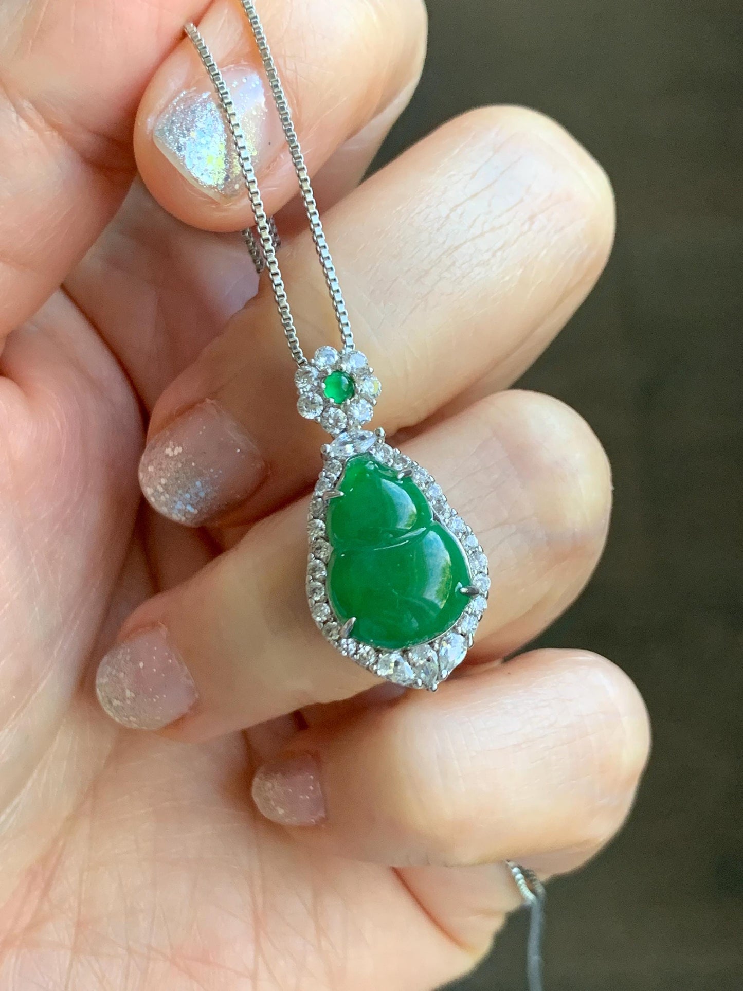 Natural Grade A Guatemalan Icy Translucent Vibrant Green Jade Jadeite Gourd Hulu Pendant Sterling Silver 4g 天然冰危绿翡翠葫芦吊坠 XMH330B