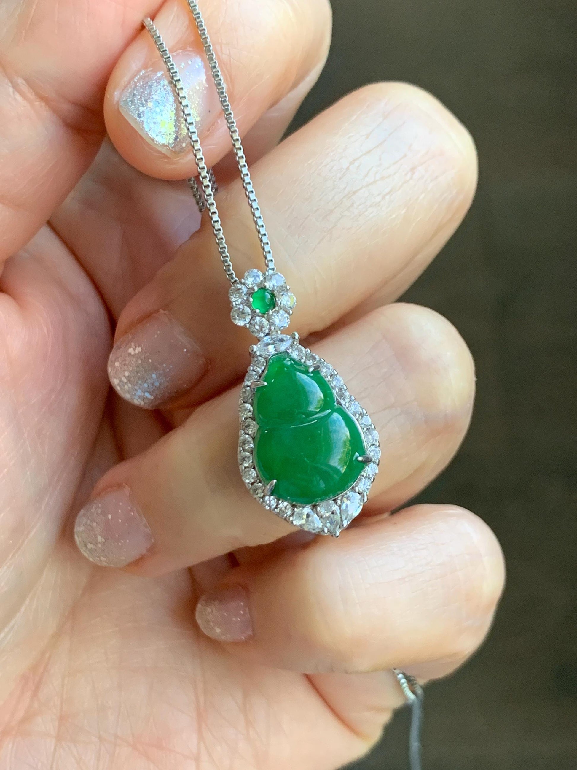 Natural Grade A Guatemalan Icy Translucent Vibrant Green Jade Jadeite Gourd Hulu Pendant Sterling Silver 4g 天然冰危绿翡翠葫芦吊坠 XMH330B