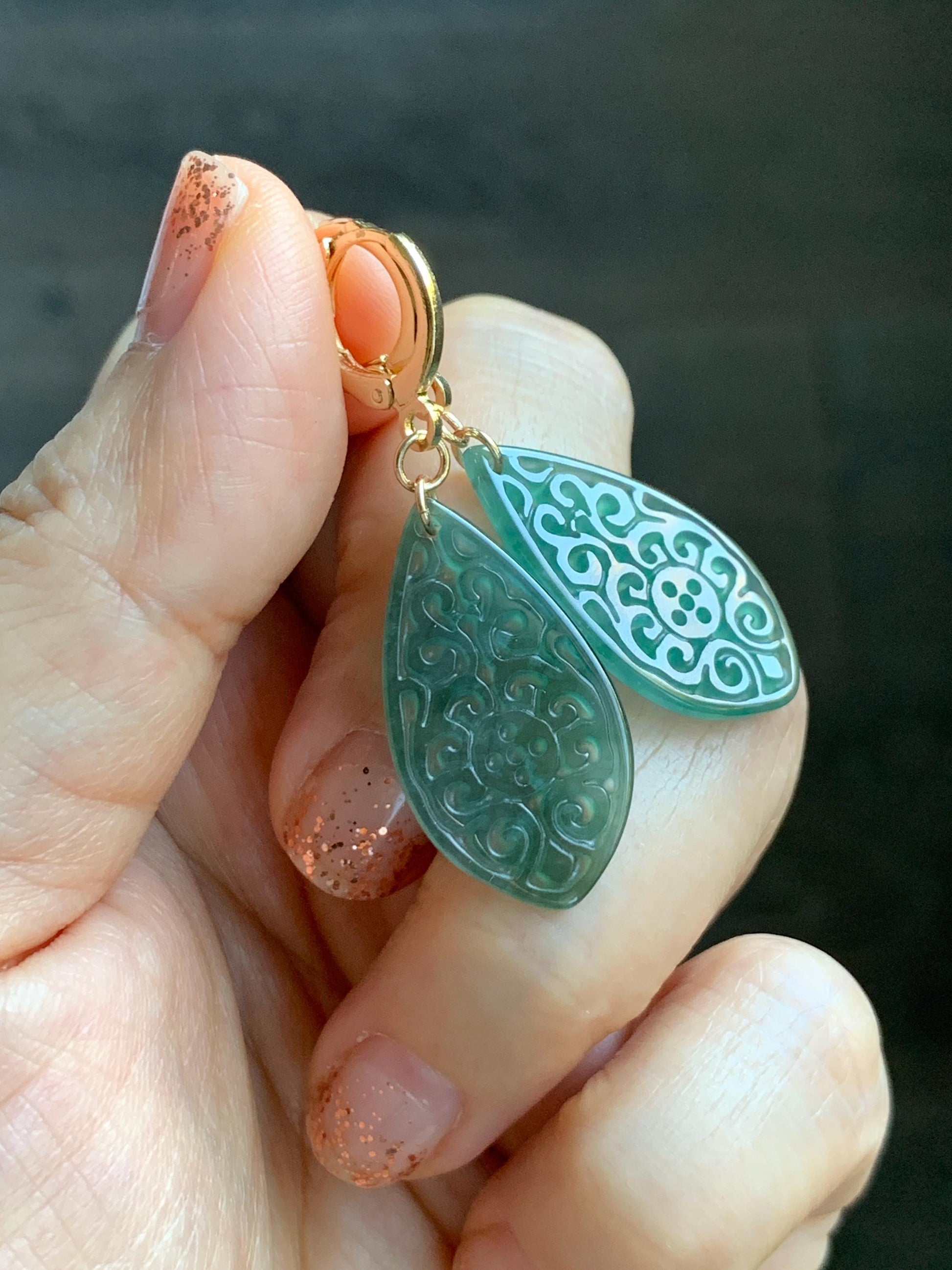 Natural Guatemalan Grade A Icy Translucent Dark Teal Blue Jade Jadeite Teardrop Dangle Earrings 14K Gold Plated 天然冰危深蓝绿翡翠仿古雕水滴包金耳吊 FGD96A