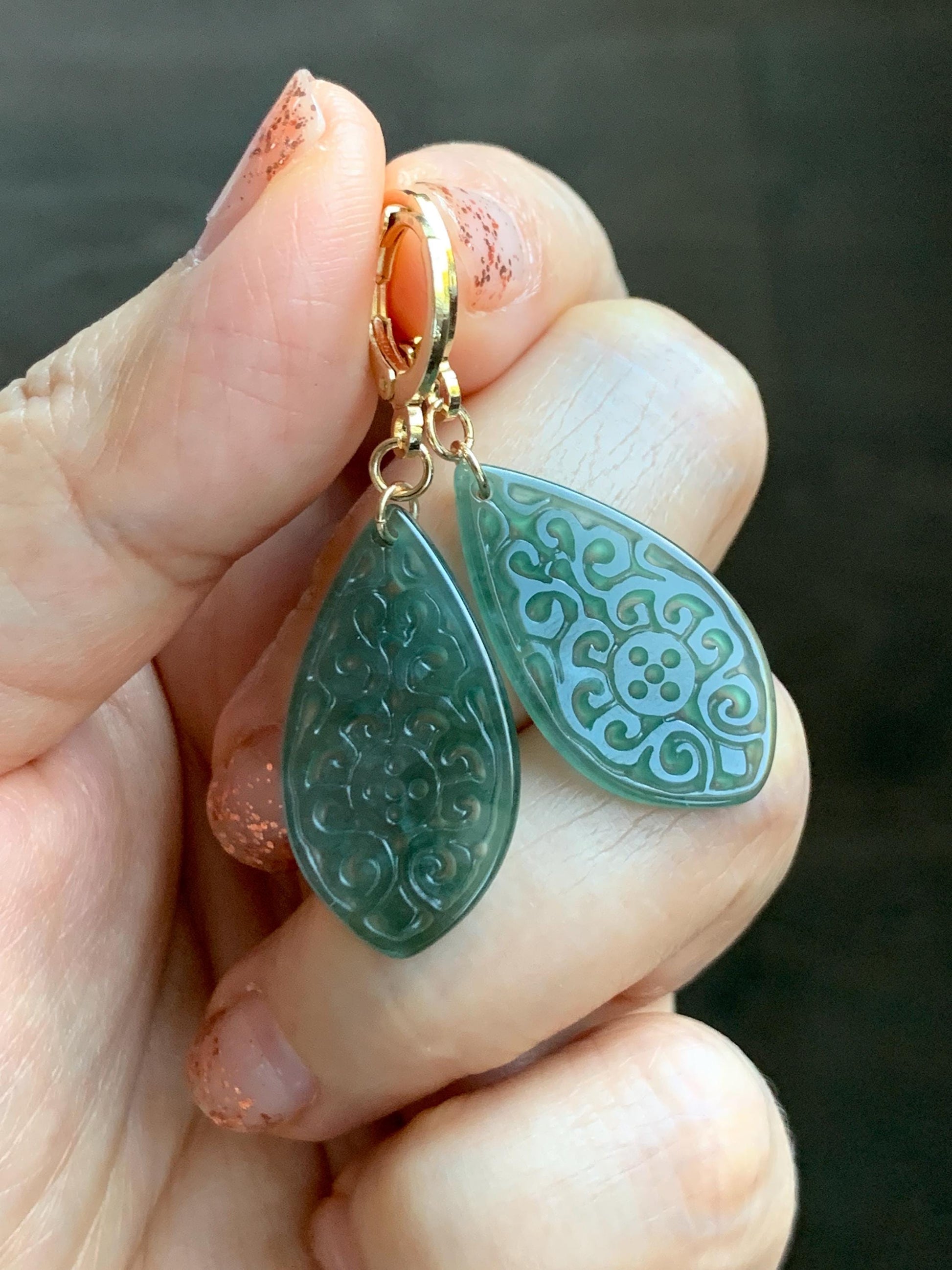 Natural Guatemalan Grade A Icy Translucent Dark Teal Blue Jade Jadeite Teardrop Dangle Earrings 14K Gold Plated 天然冰危深蓝绿翡翠仿古雕水滴包金耳吊 FGD96A