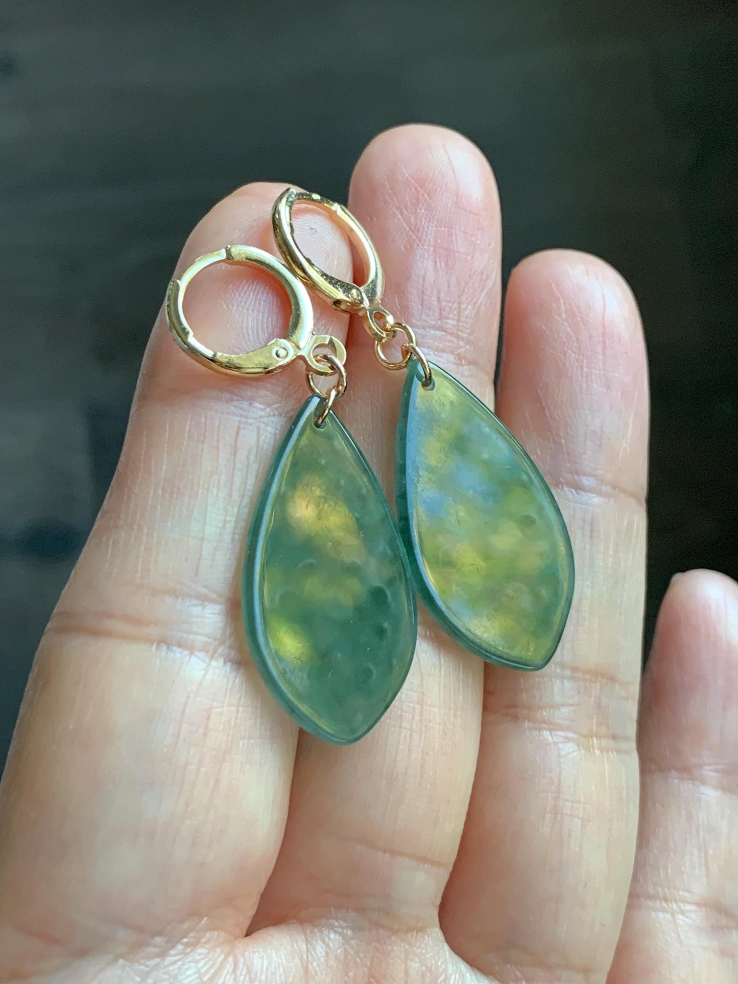 Natural Guatemalan Grade A Icy Translucent Dark Teal Blue Jade Jadeite Teardrop Dangle Earrings 14K Gold Plated 天然冰危深蓝绿翡翠仿古雕水滴包金耳吊 FGD96A