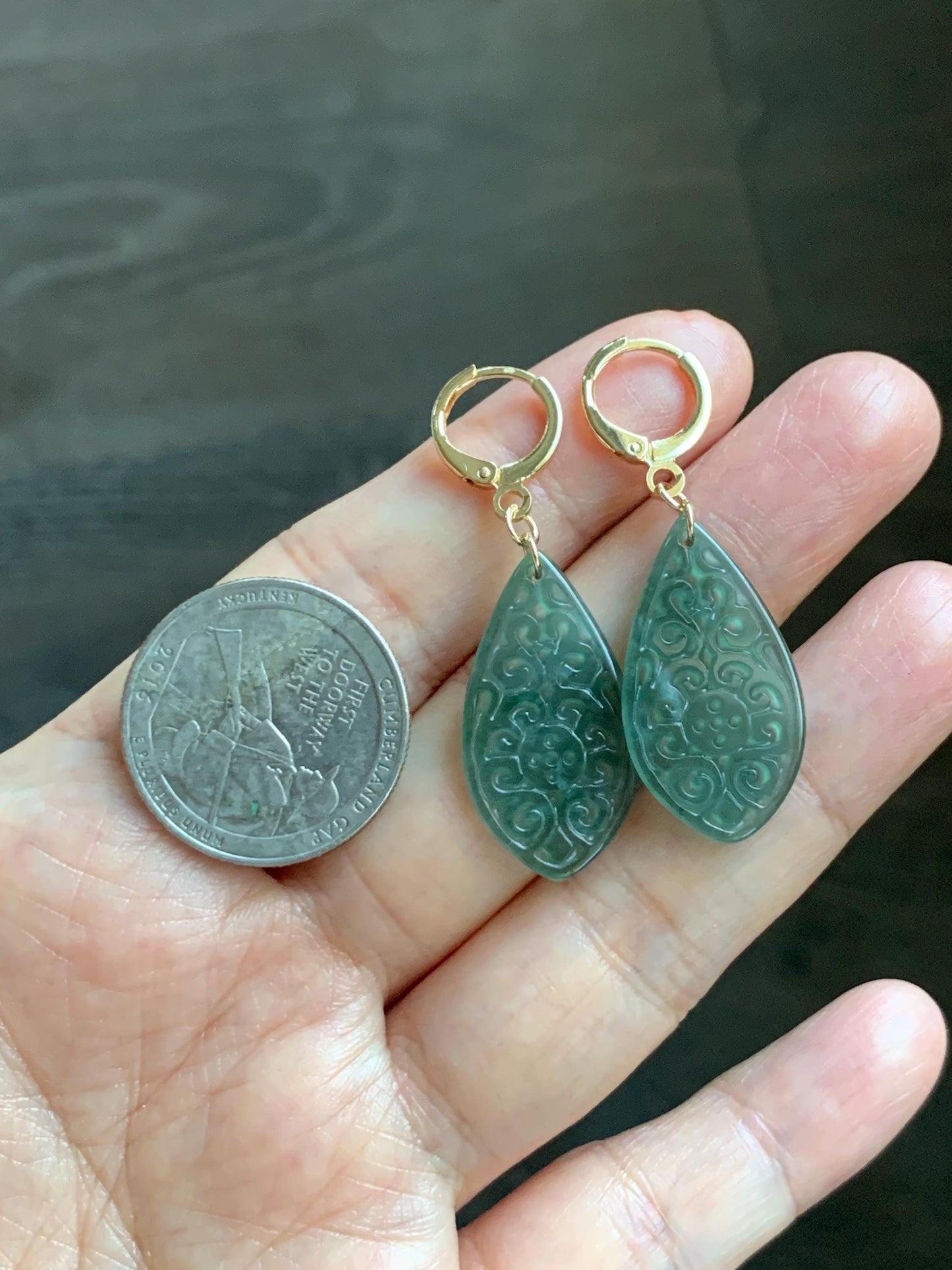 Natural Guatemalan Grade A Icy Translucent Dark Teal Blue Jade Jadeite Teardrop Dangle Earrings 14K Gold Plated 天然冰危深蓝绿翡翠仿古雕水滴包金耳吊 FGD96A