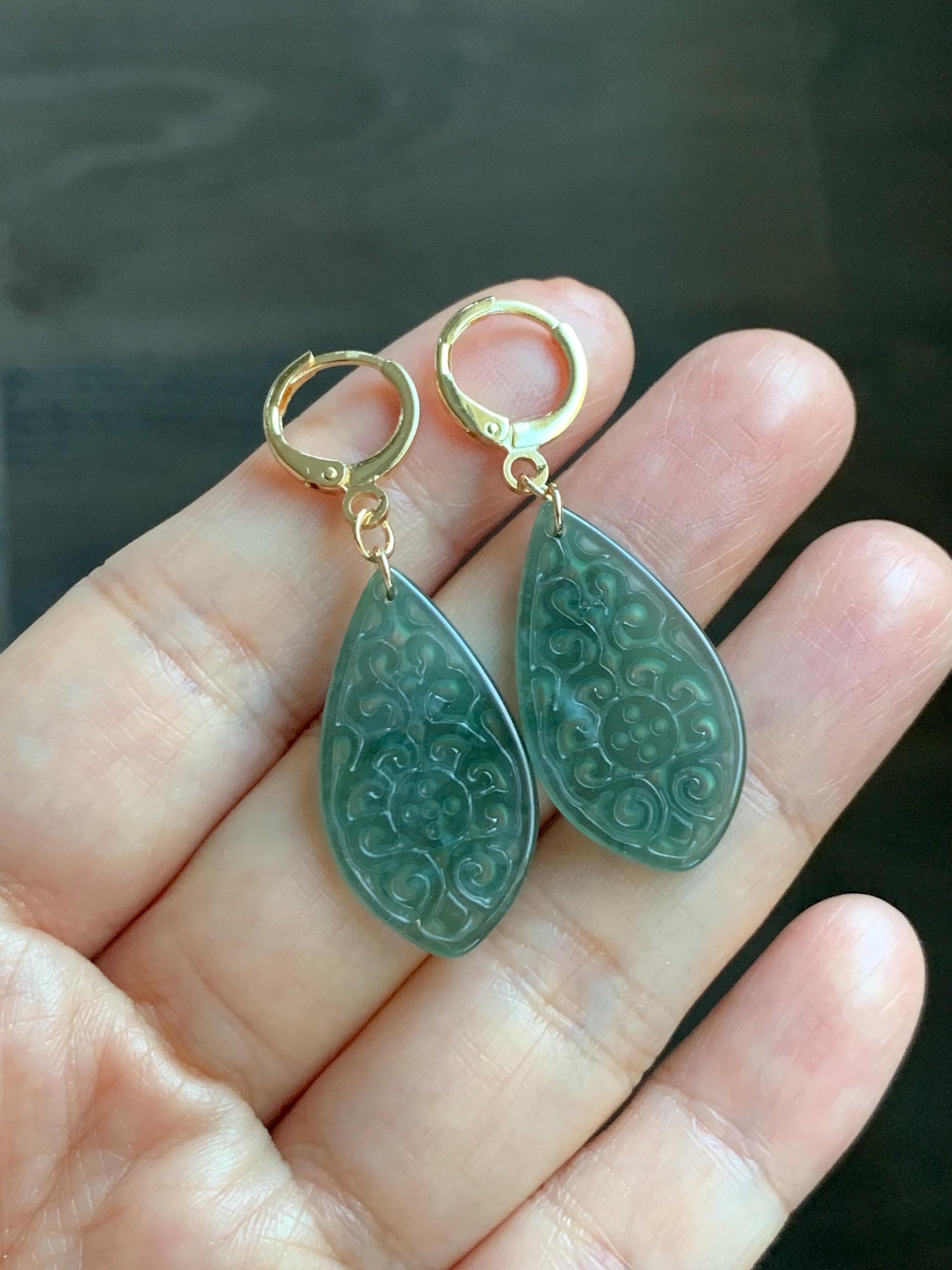 Natural Guatemalan Grade A Icy Translucent Dark Teal Blue Jade Jadeite Teardrop Dangle Earrings 14K Gold Plated 天然冰危深蓝绿翡翠仿古雕水滴包金耳吊 FGD96A