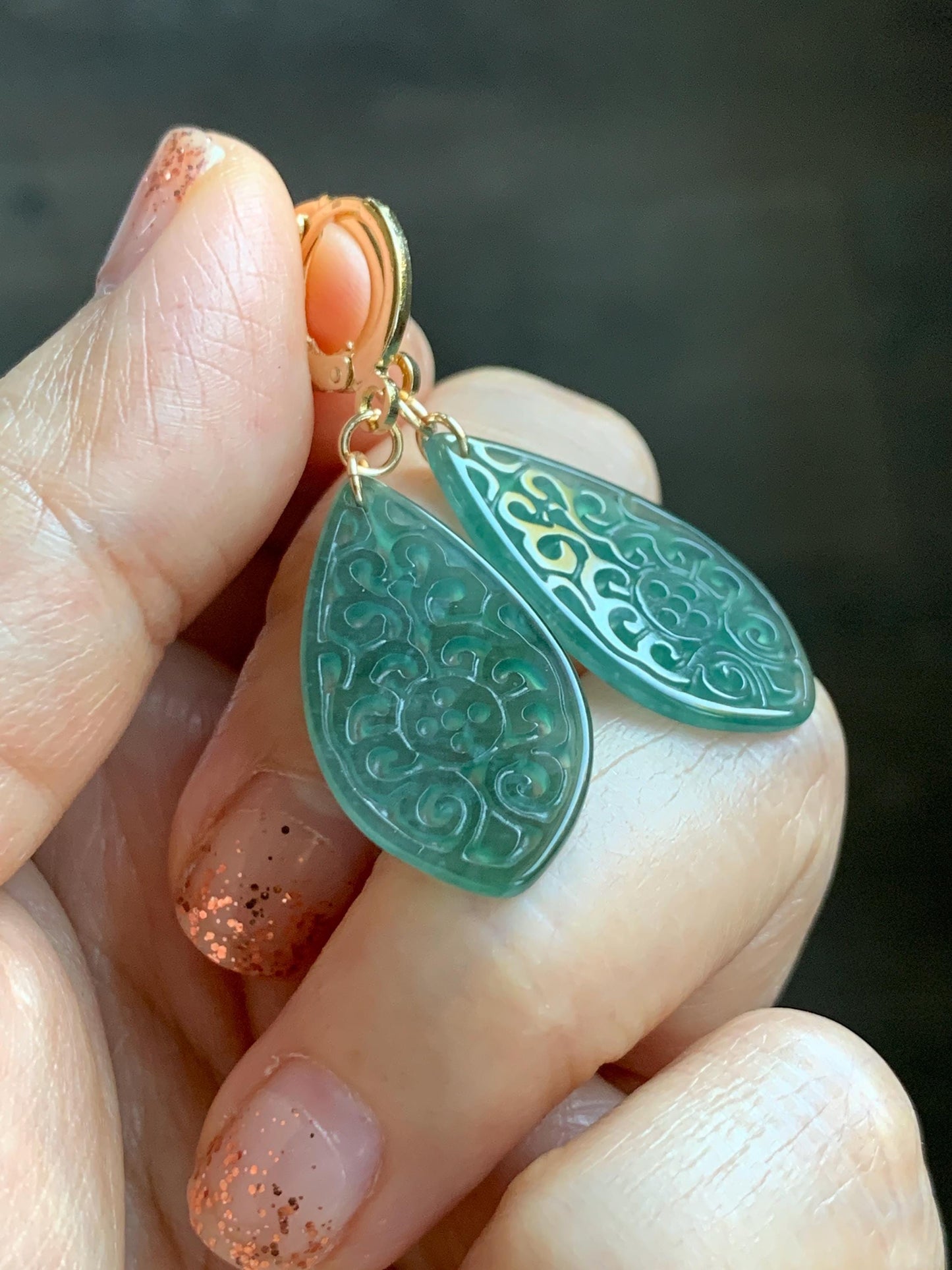 Natural Guatemalan Grade A Icy Translucent Dark Teal Blue Jade Jadeite Teardrop Dangle Earrings 14K Gold Plated 天然冰危深蓝绿翡翠仿古雕水滴包金耳吊 FGD96A