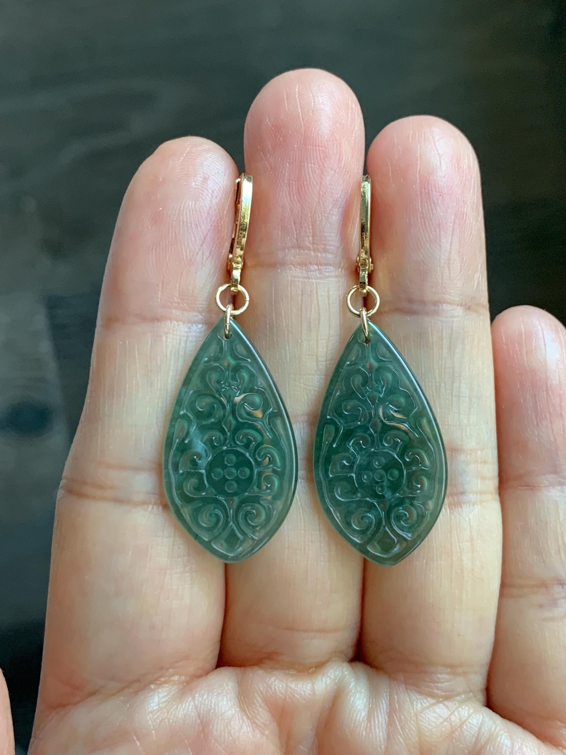 Natural Guatemalan Grade A Icy Translucent Dark Teal Blue Jade Jadeite Teardrop Dangle Earrings 14K Gold Plated 天然冰危深蓝绿翡翠仿古雕水滴包金耳吊 FGD96A