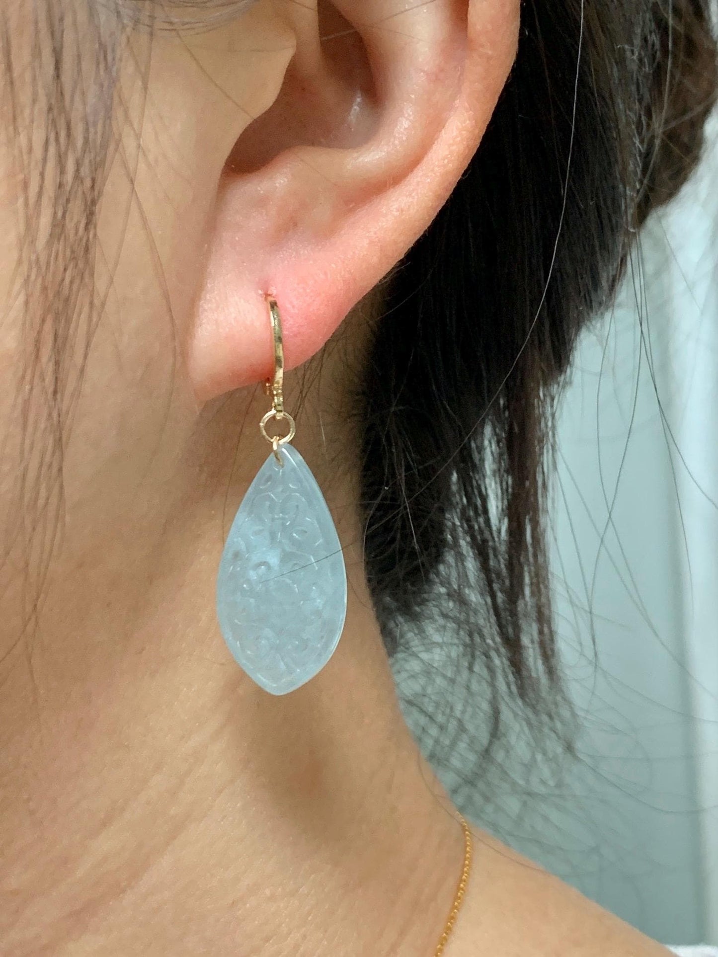 Natural Guatemalan Grade A Icy Translucent Pastel Teal Jade Jadeite Teardrop Dangle Earrings 14K Gold Plated 天然冰危浅蓝翡翠仿古雕水滴包金耳吊 FGD96B